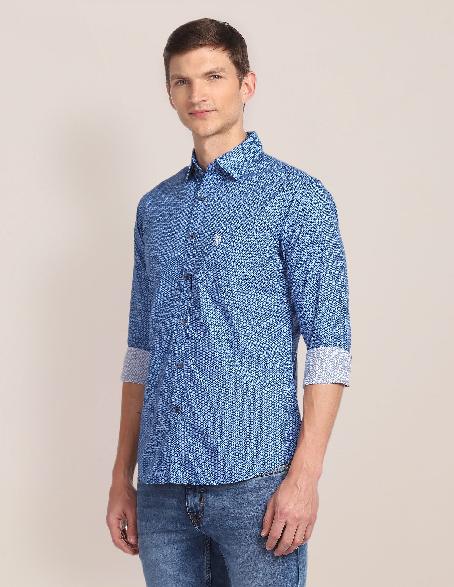 Spread Collar Printed Casual Shirt Blue - U.S. Polo Assn. India | Large