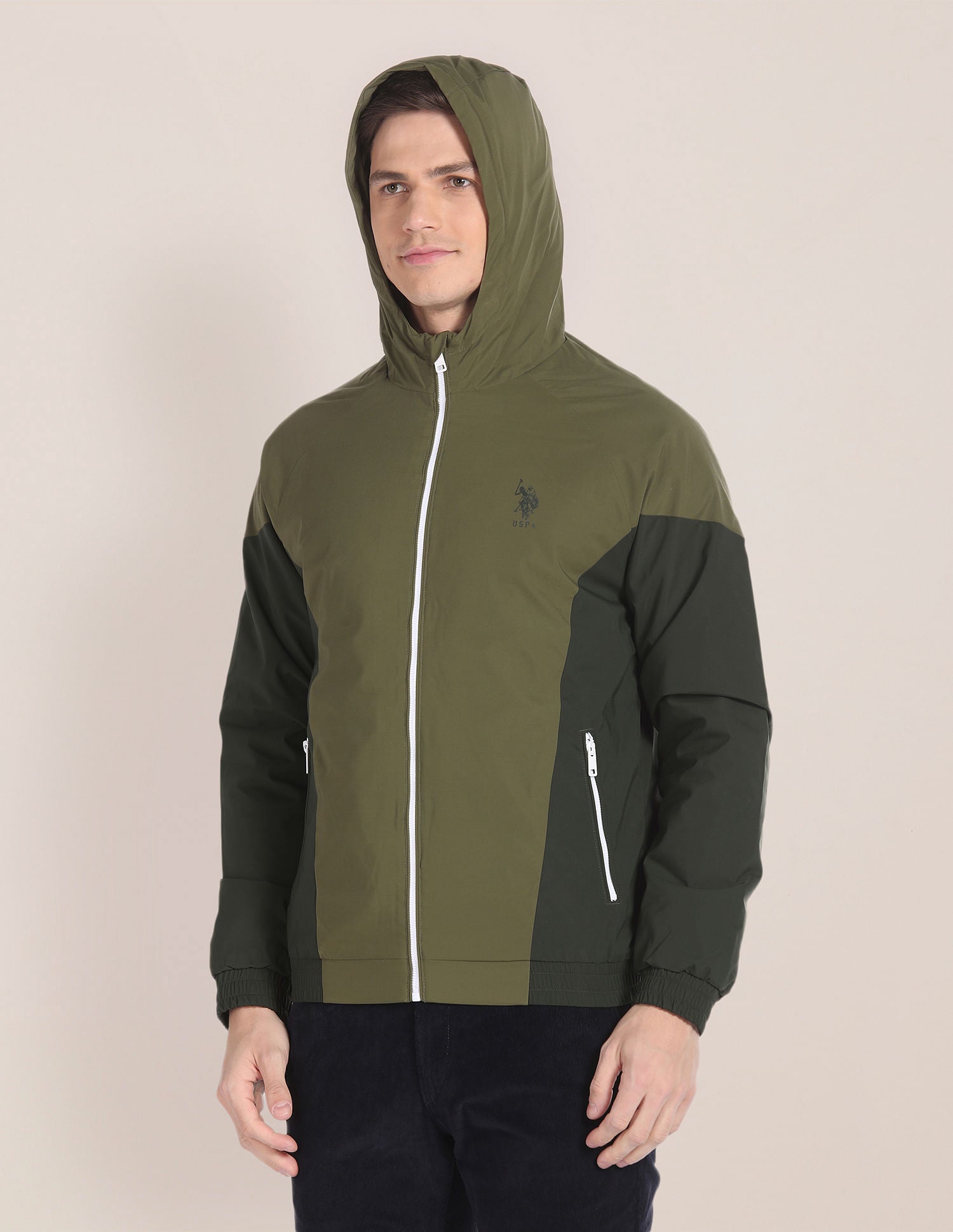 Colour Block Logo Hooded Jacket Olive - U.S. POLO ASSN. | Large