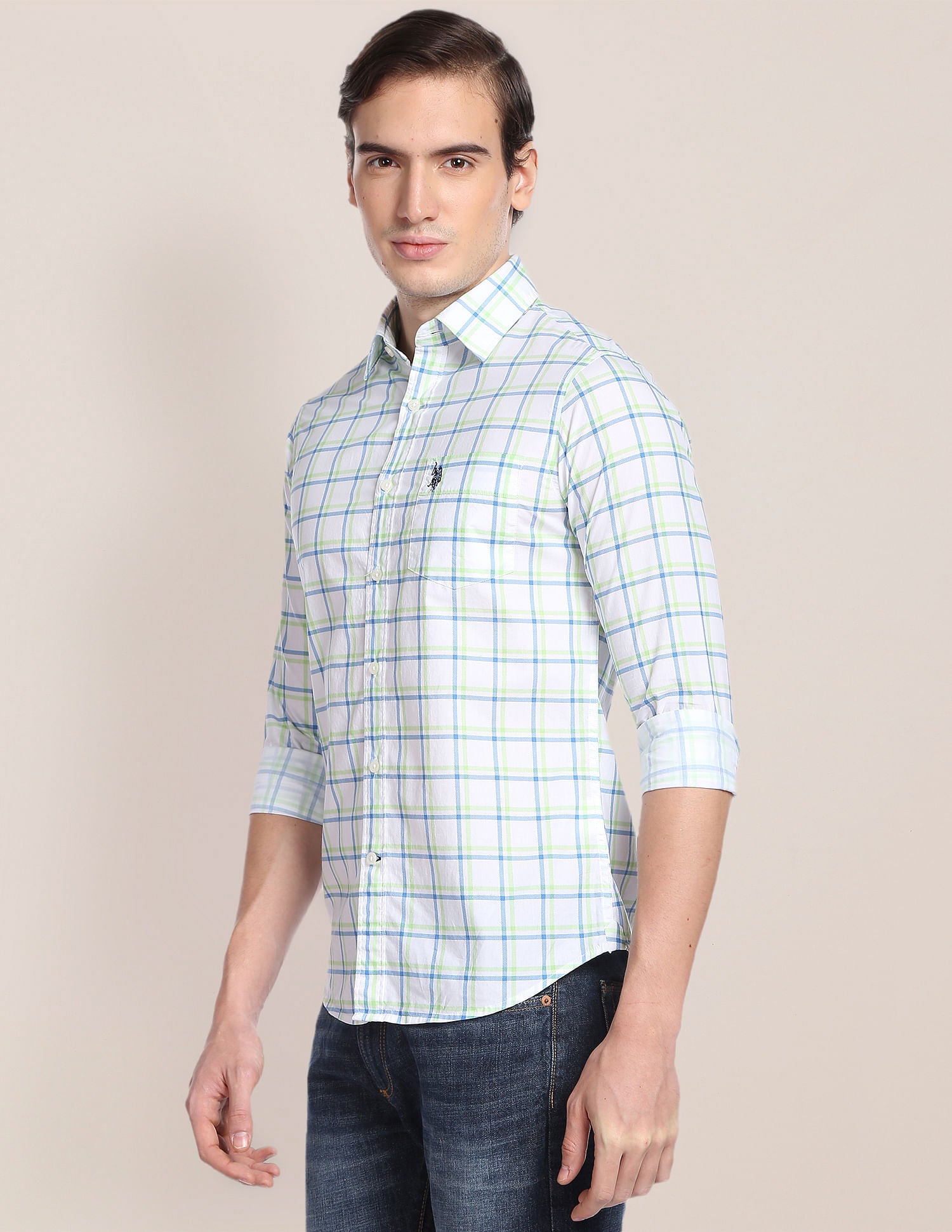 Cotton Tartan Check Shirt Light Green and Blue - U.S. POLO ASSN. | Large