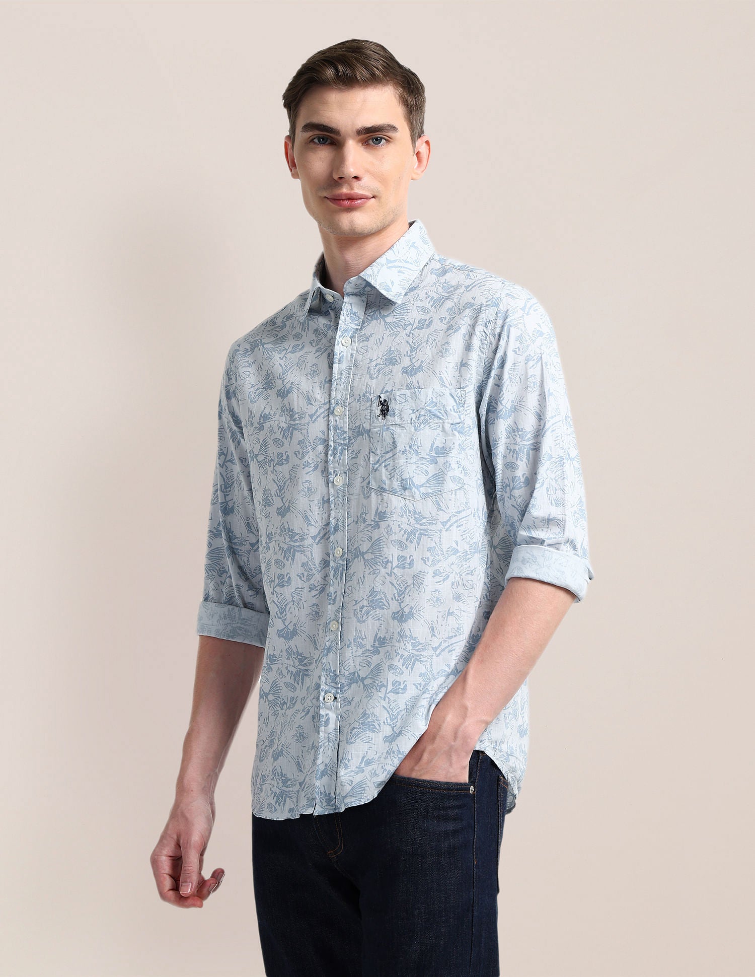 Cutaway Collar Premium Cotton Shirt Grey - U.S. Polo Assn. India | Large