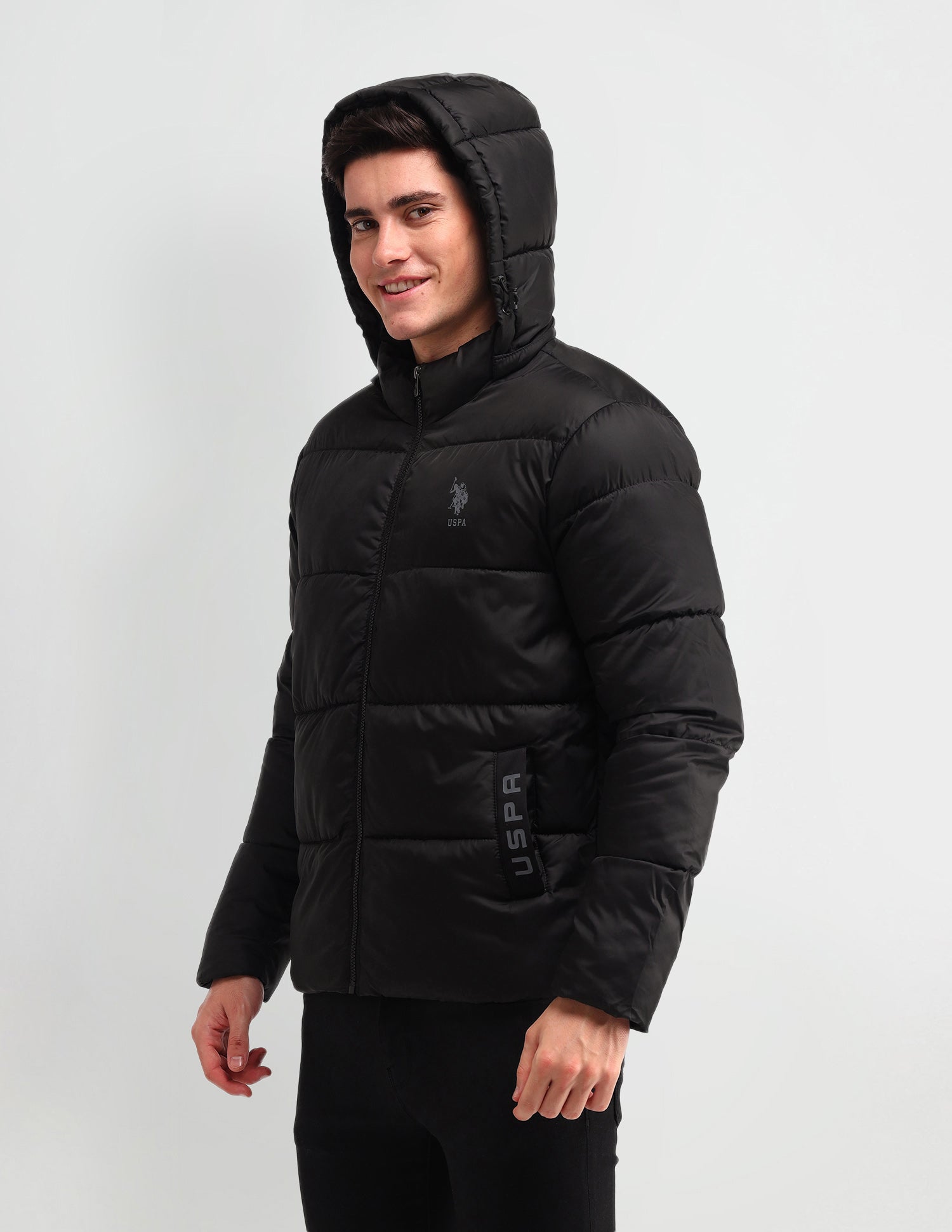 Solid Hooded Puffer Jacket Black - U.S. Polo Assn. India | Large