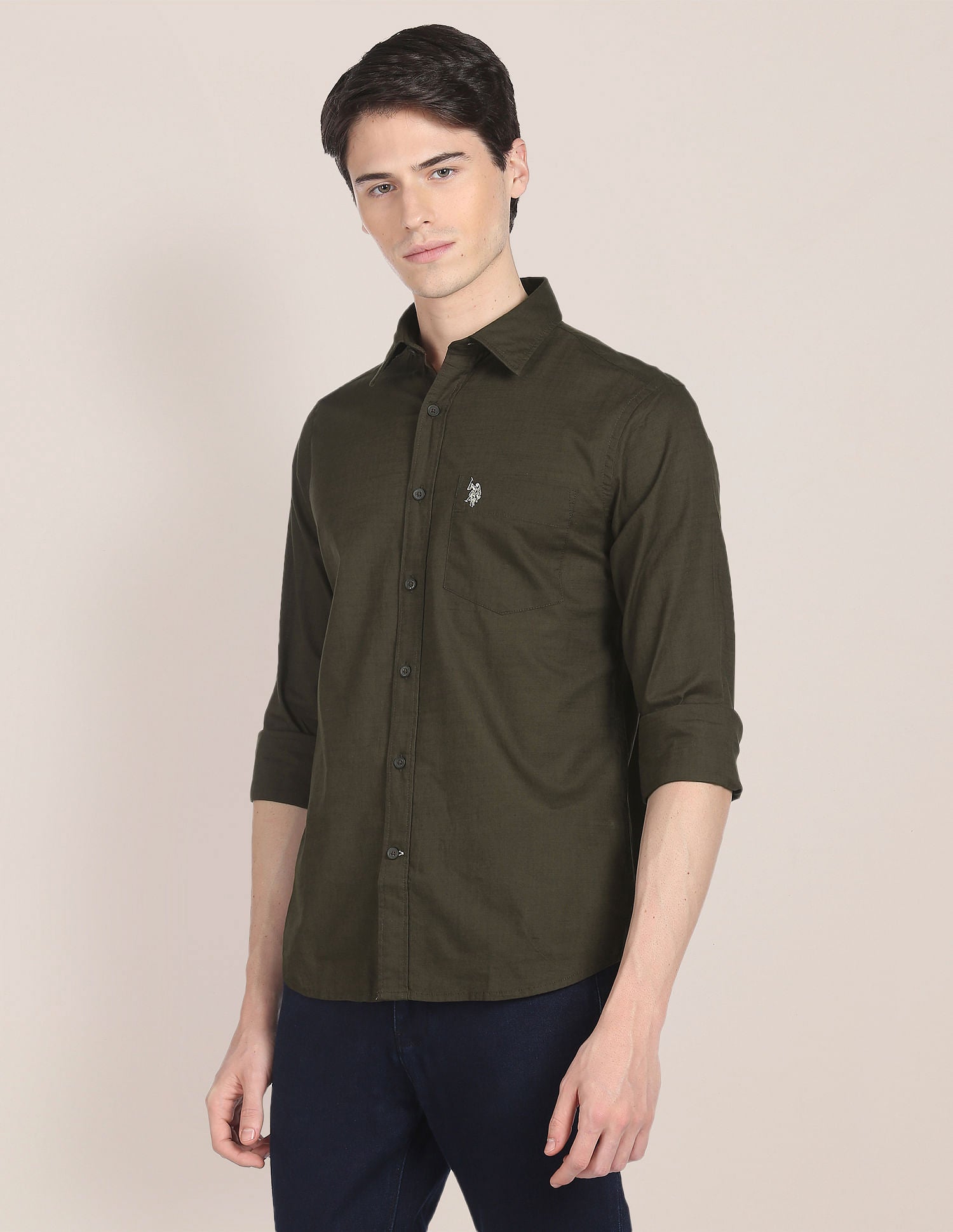Regular Fit Solid Casual Shirt Olive - U.S. Polo Assn. India | Large