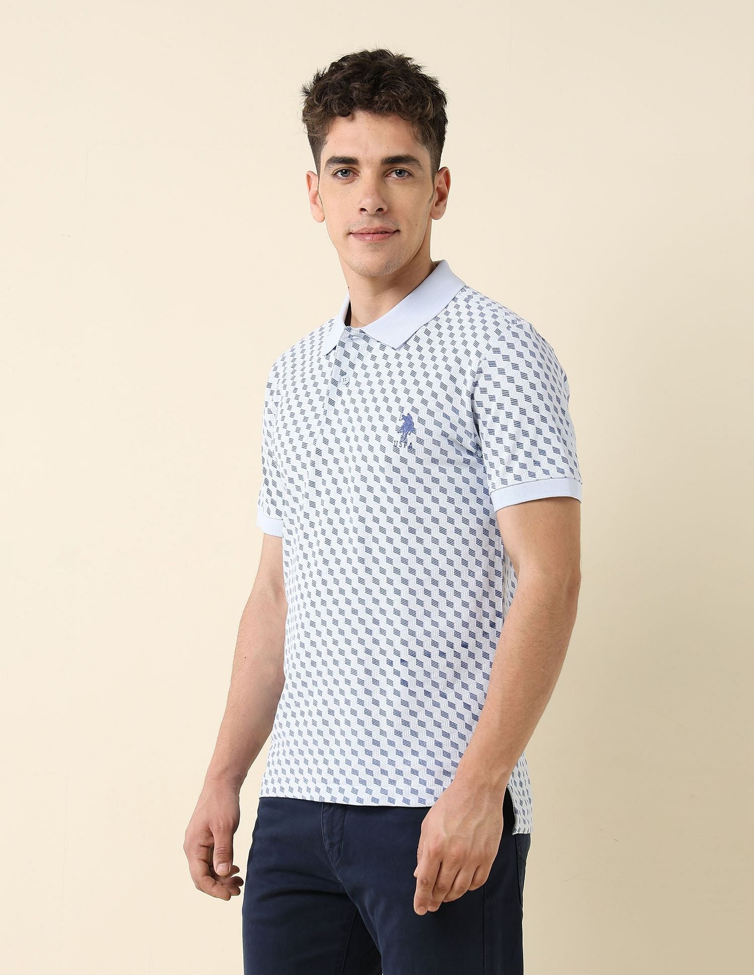 All-Over Printed Slim Fit Polo Shirt Light Blue - U.S. Polo Assn. India | Large