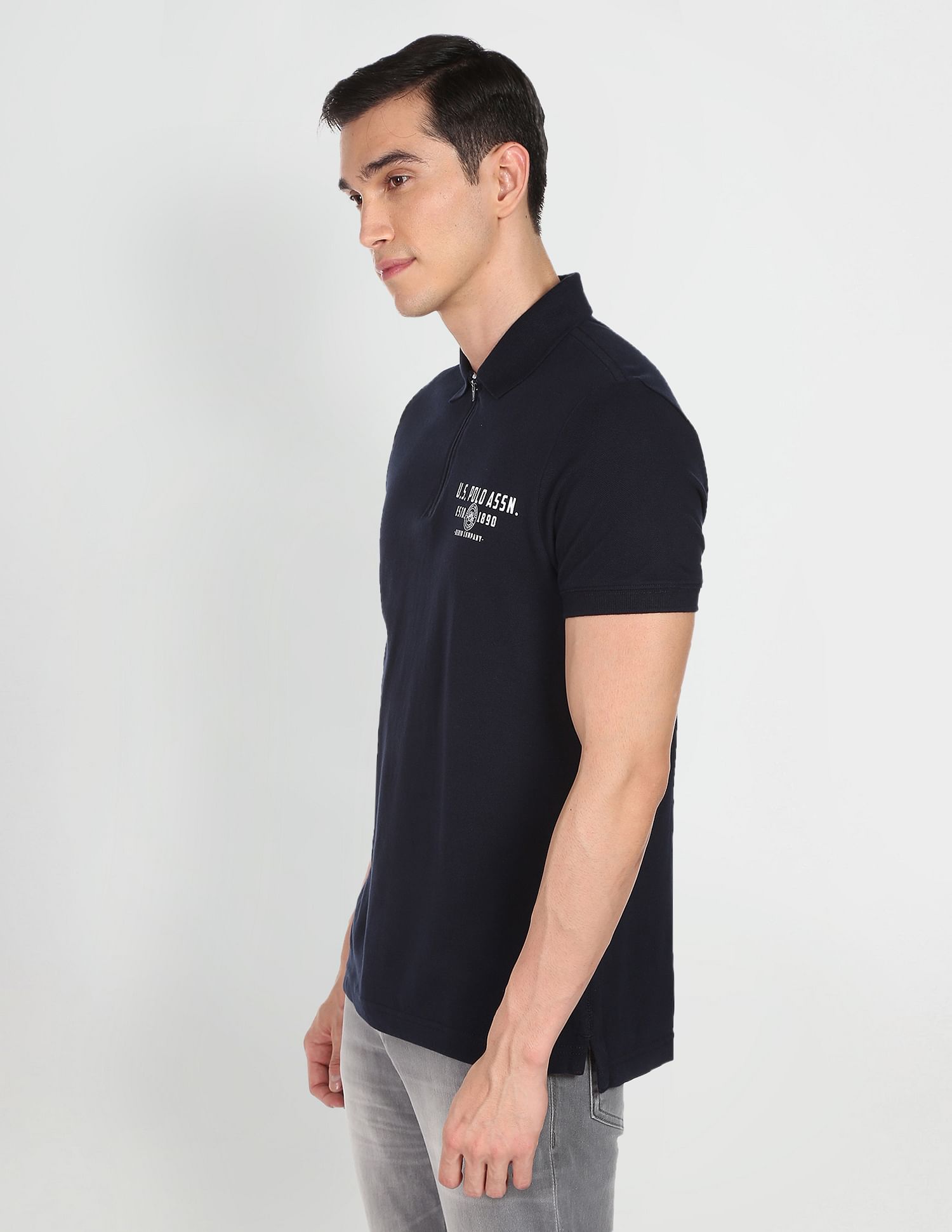 Ribbed Collar Pique Solid Cotton Polo Shirt Navy - U.S. Polo Assn. India | Large