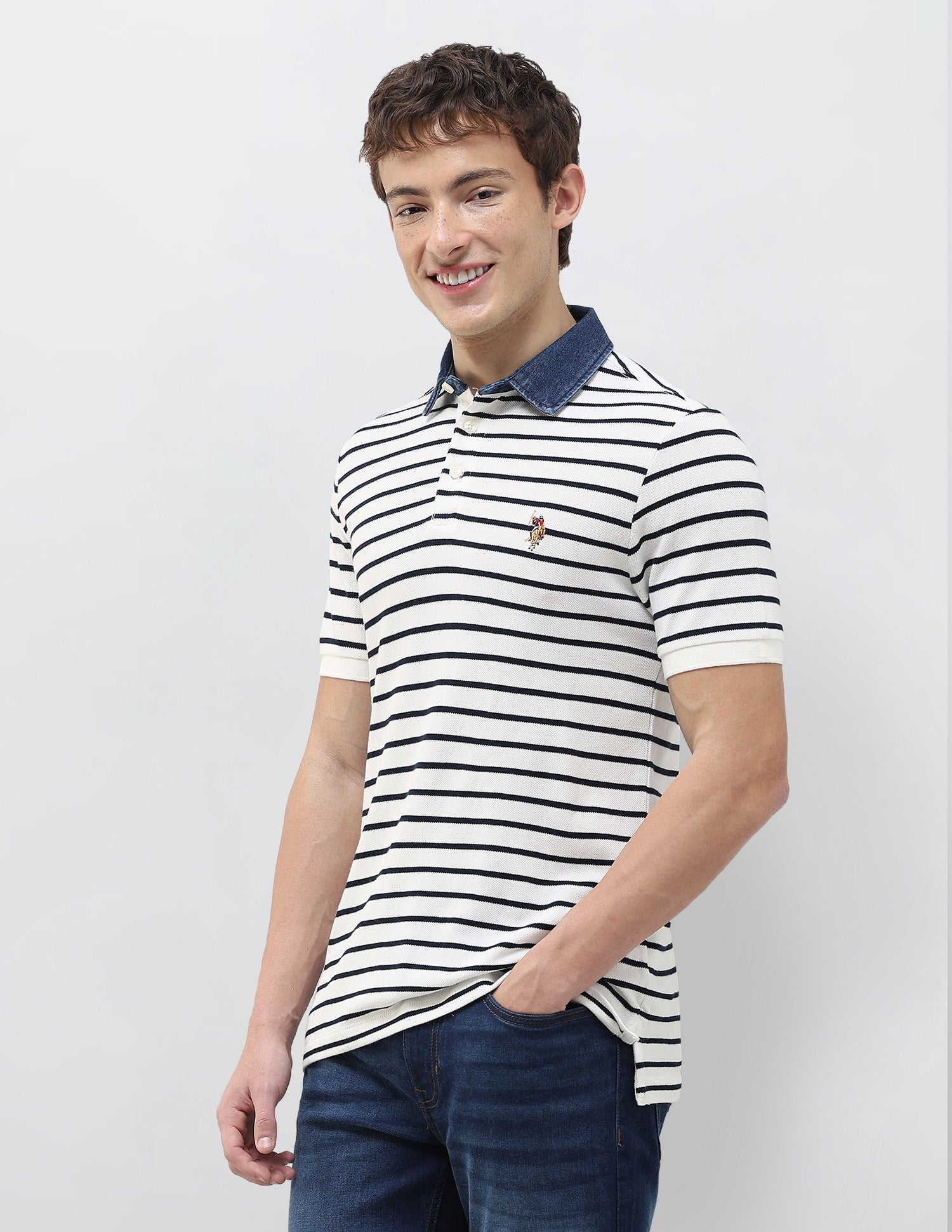 Horizontal Striped Muscle Fit Polo Shirt Ivory - U.S. Polo Assn. India | Large