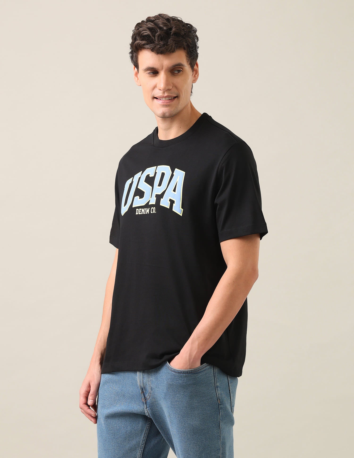 Typographic Brand Printed Relaxed Fit T-Shirt Black - U.S. Polo Assn. India | Large