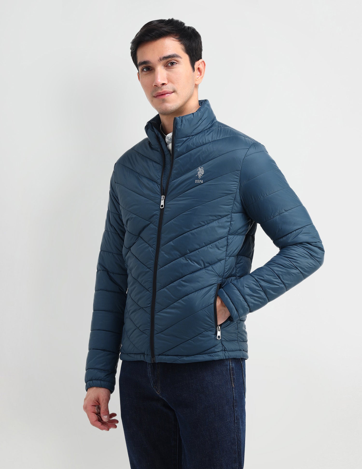 Solid High Neck Jacket Dark Blue - U.S. Polo Assn. India | Large