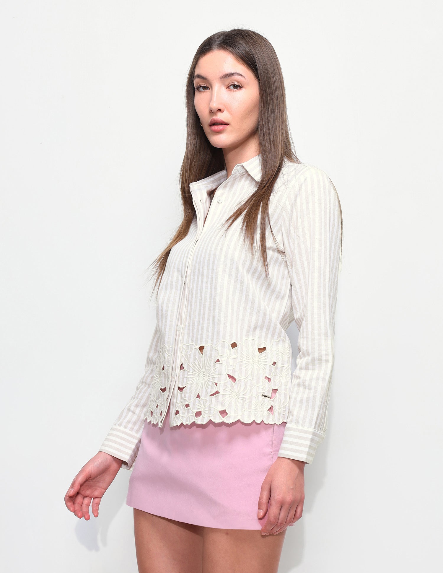 Vertical Stripes Floral Embroidery Relaxed Fit Shir Ecru - U.S. Polo Assn. India | Large