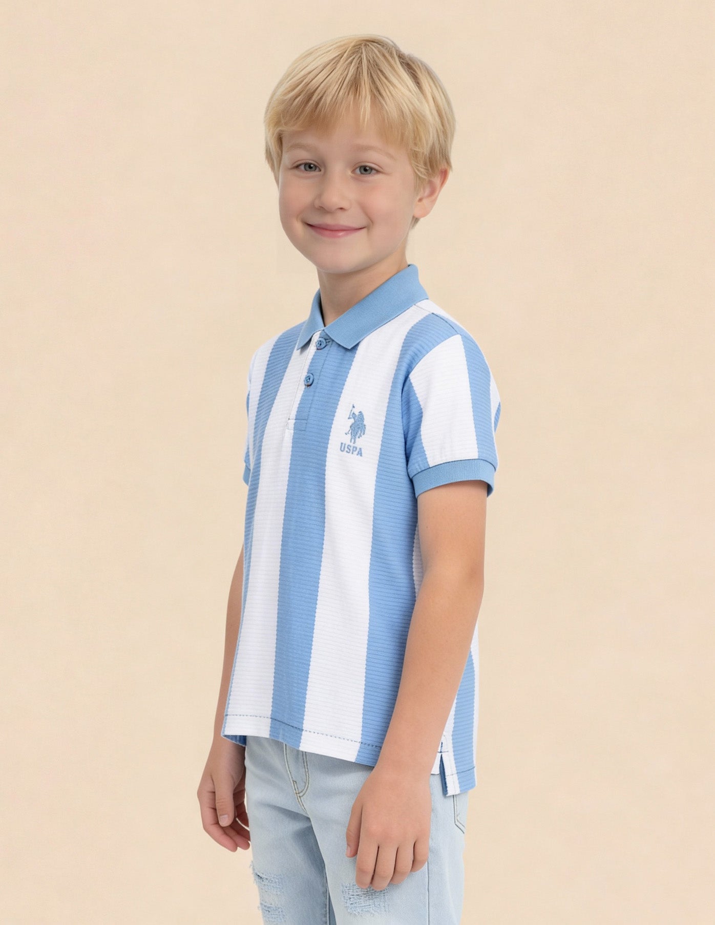 Boys Vertical Striped Regular Fit Polo Shirt Blue - U.S. Polo Assn. India | Large