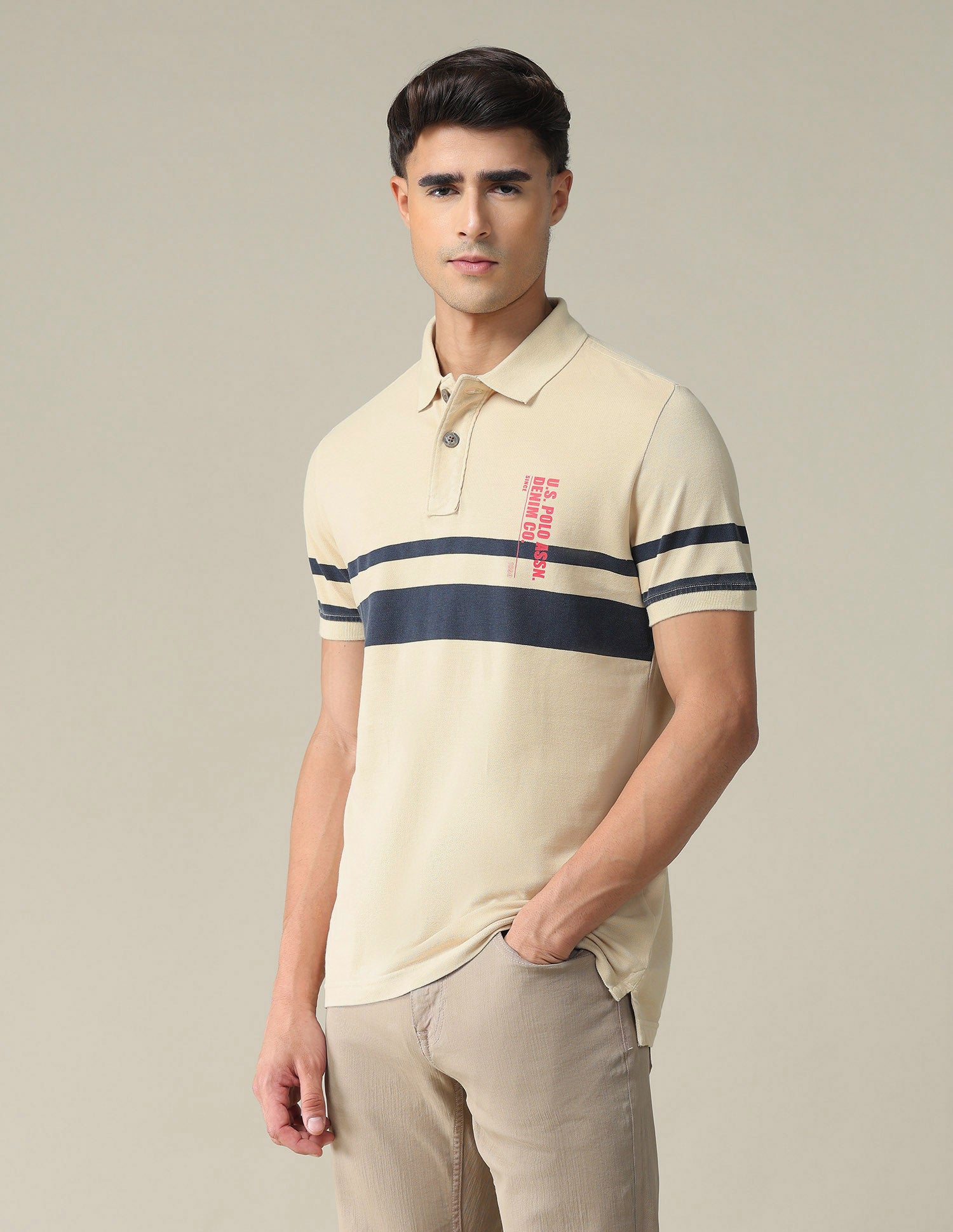 Horizontal Engineered Stripe Cotton Polo Shirt Beige - U.S. POLO ASSN. | Large