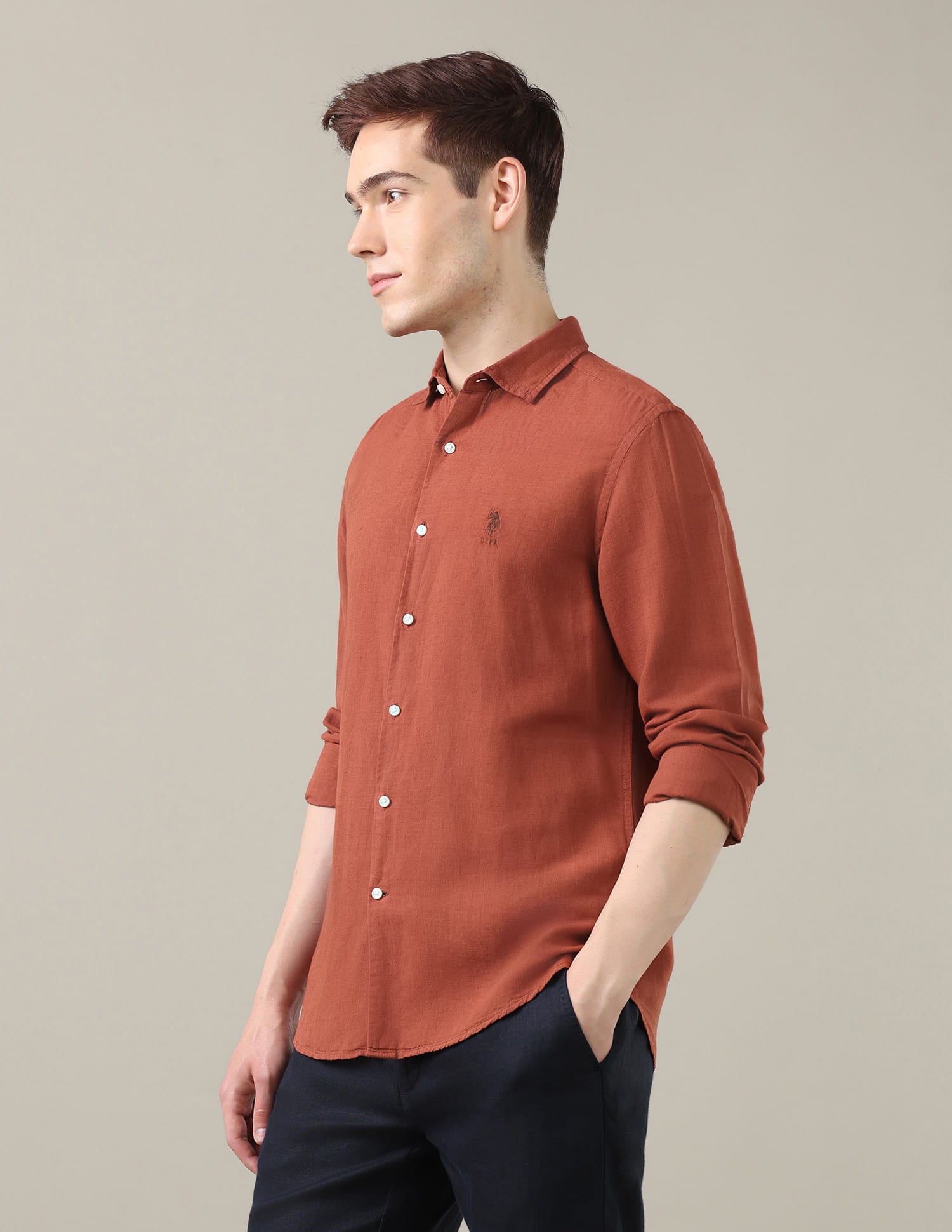 Solid Regular Fit Shirt Brown - U.S. Polo Assn. India | Large