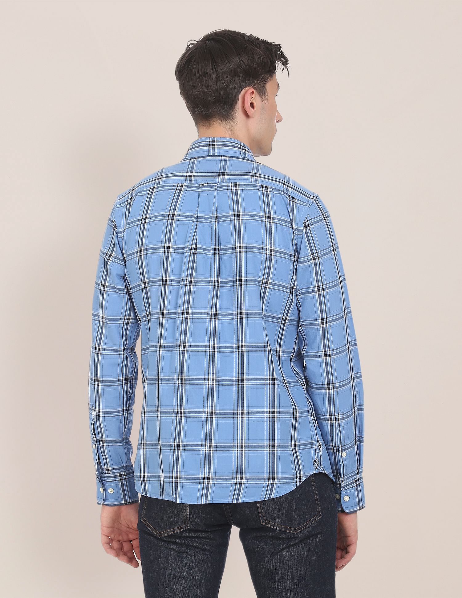 Men Blue Button-Down Collar Check Casual Shirt Blue - U.S. POLO ASSN. | Large