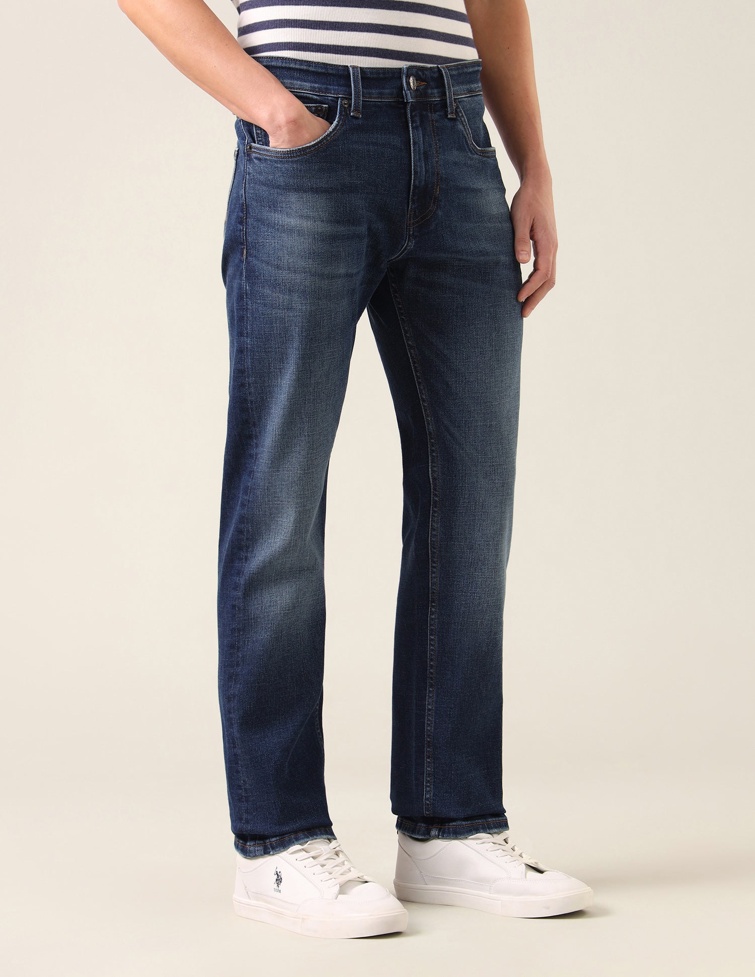 Mason Regular Straight Fit Whiskered Jeans Mid Blue - U.S. Polo Assn. India | Large