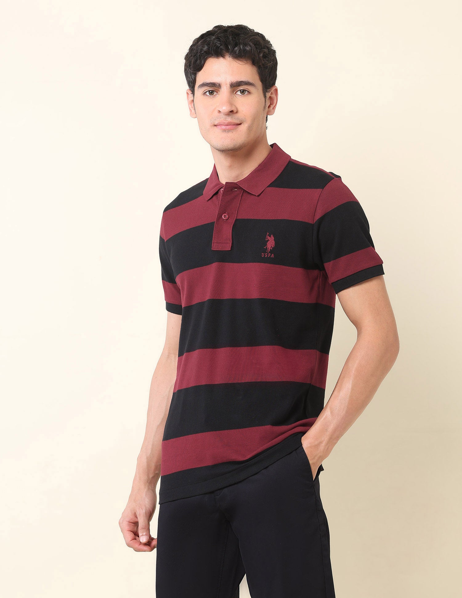 Horizontal Striped Classic Polo Shirt Wine - U.S. Polo Assn. India | Large