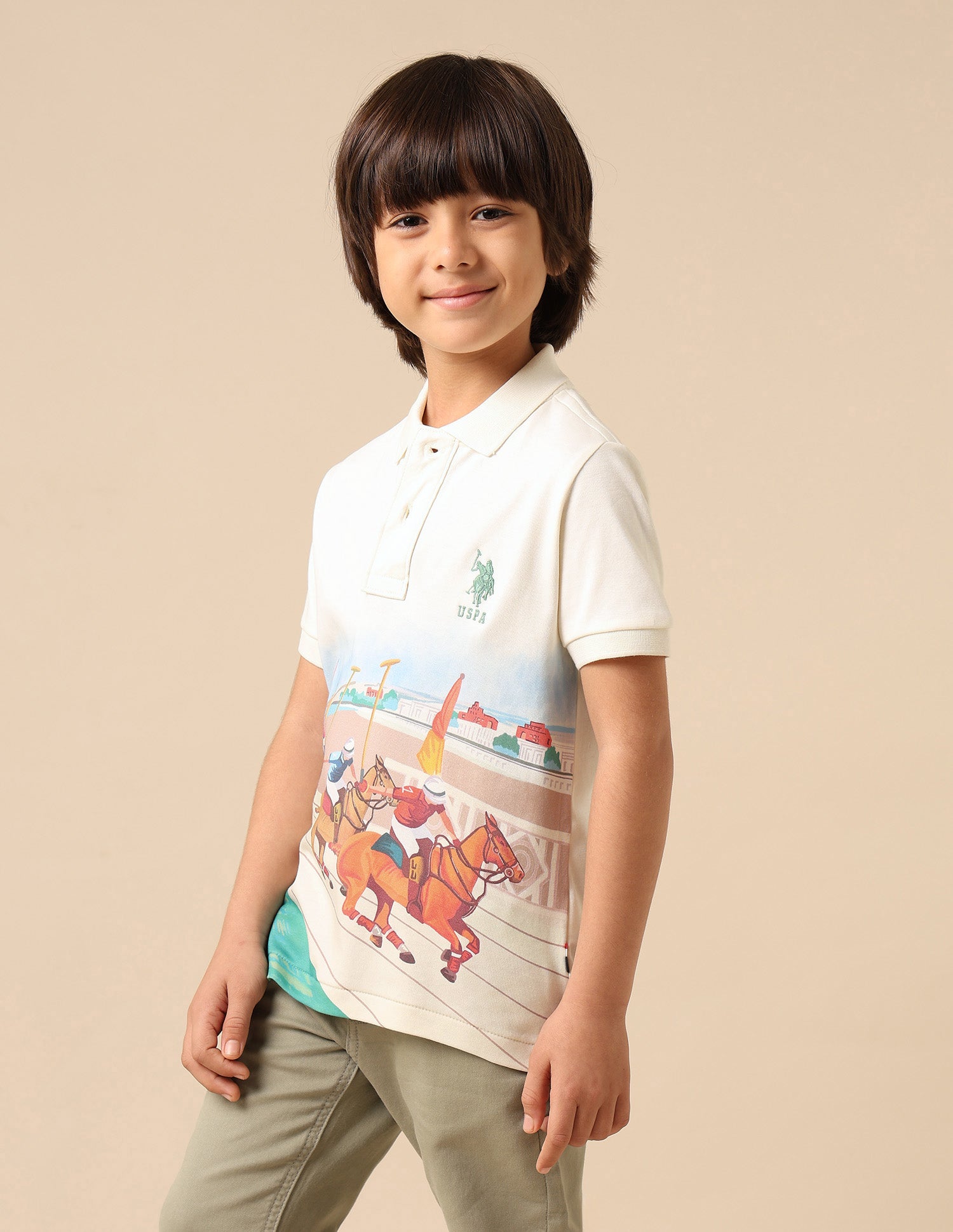 Boys Graphic Printed Regular Fit Polo Shirt Off White - U.S. POLO ASSN. | Large