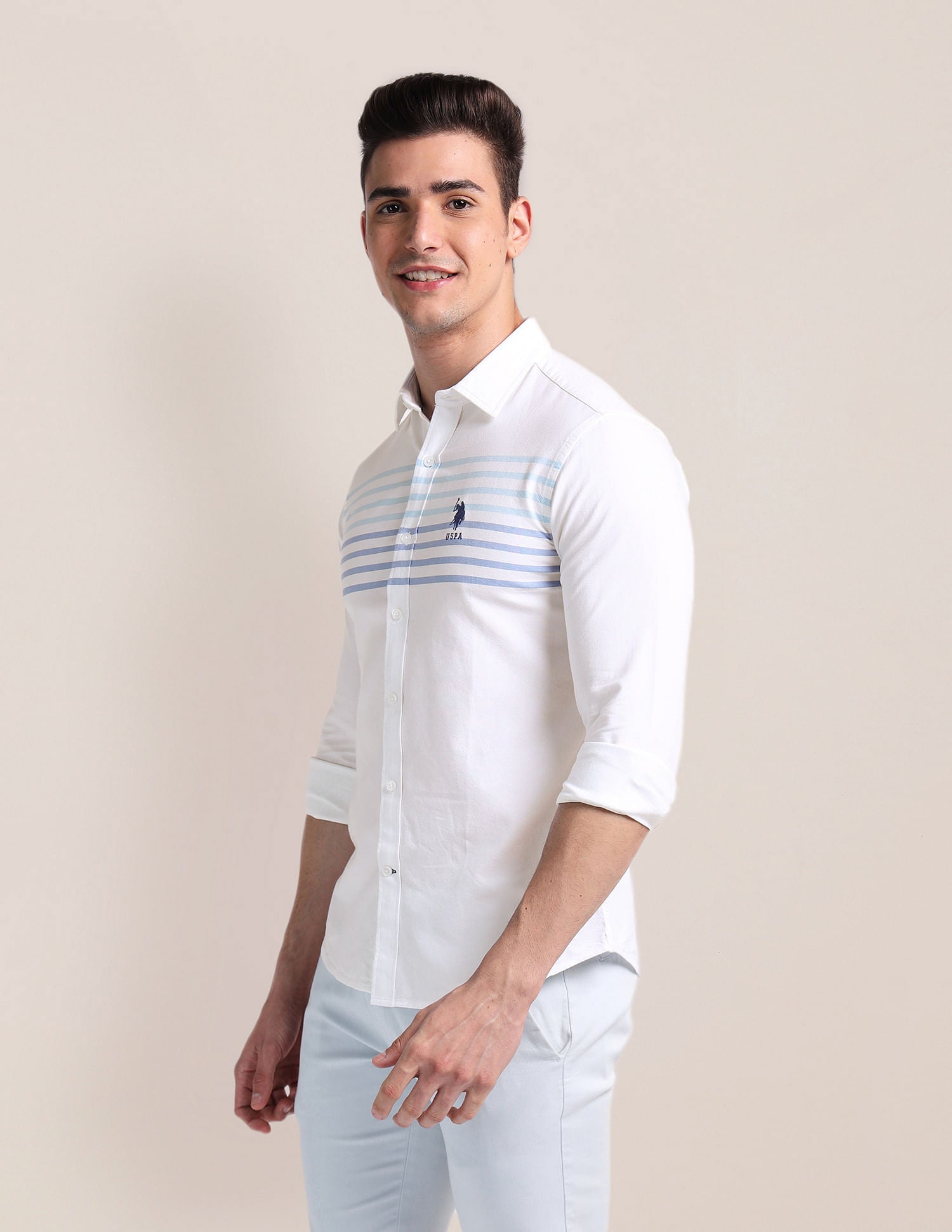 Premium Cotton Oxford Shirt White and Blue - U.S. Polo Assn. India | Large