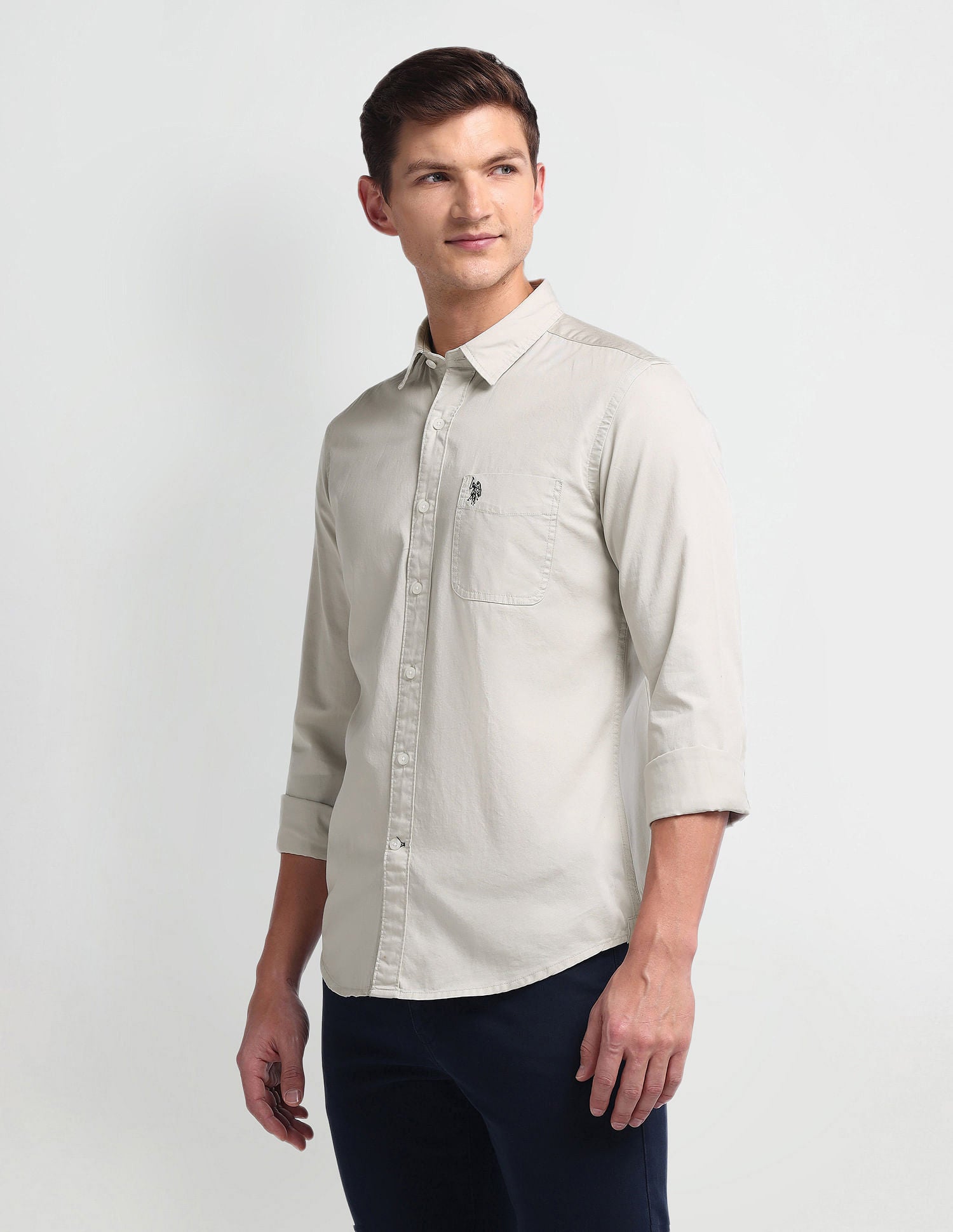 Semi Cutaway Collar Slim Fit Shirt Off White - U.S. Polo Assn. India | Large