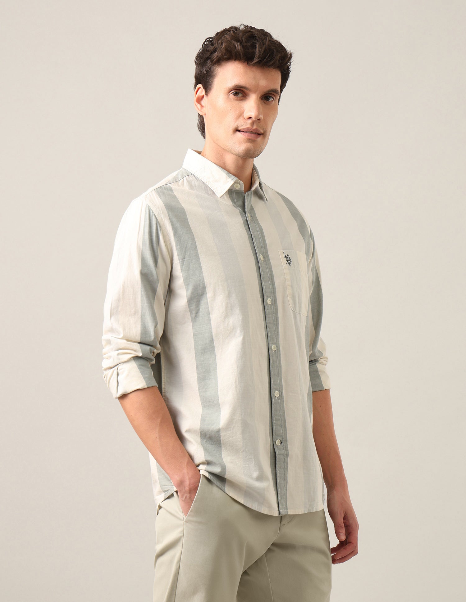 Vertical Striped Regular Fit Shirt Light Olive - U.S. Polo Assn. India | Large