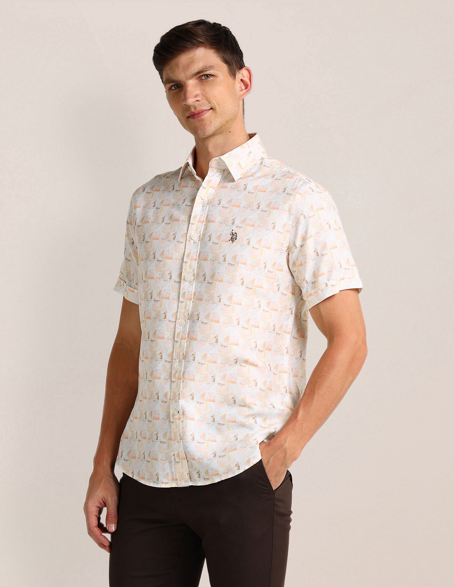 Geometric Print Regular Fit Shirt Peach - U.S. Polo Assn. India | Large