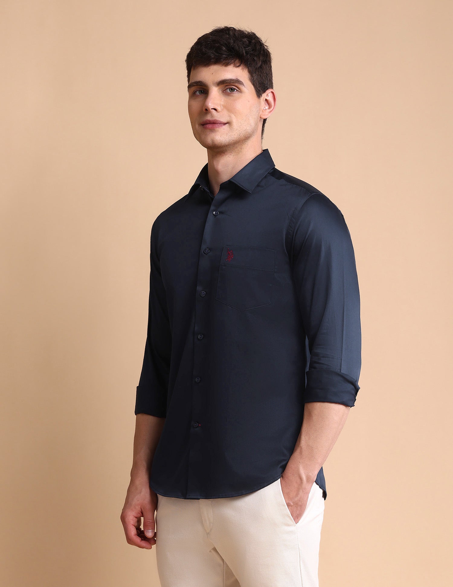 Solid Tailored Fit Satin Shirt Navy - U.S. POLO ASSN. | Large