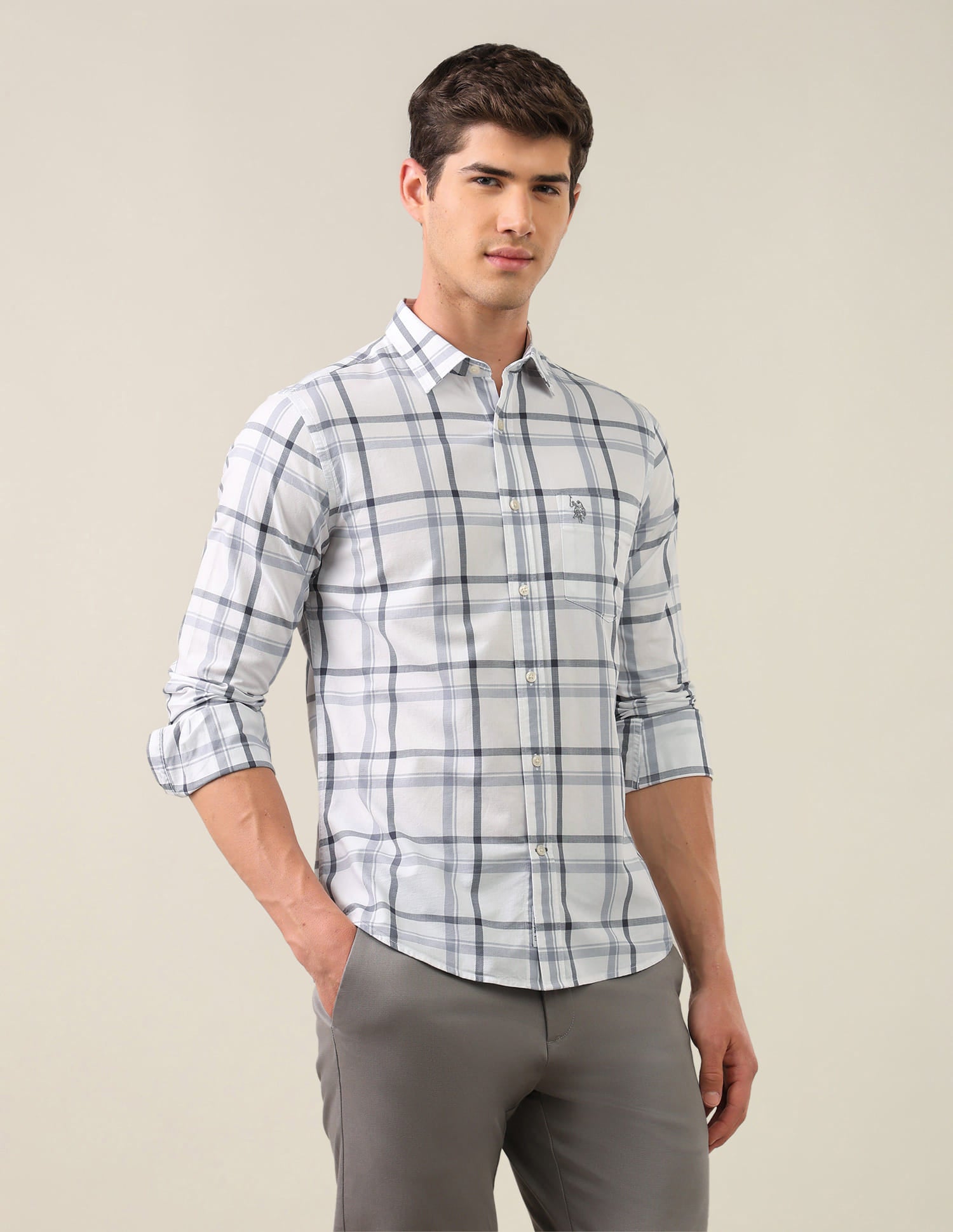Grid Tattersall Checked Tailored Fit Shirt Grey - U.S. Polo Assn. India | Large