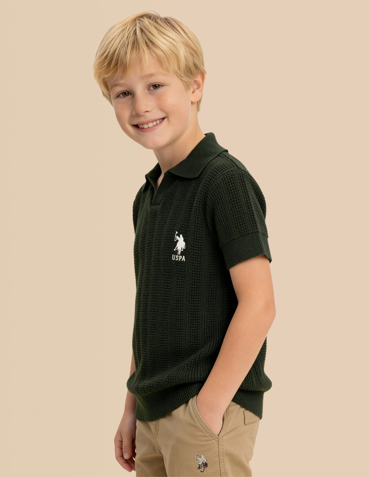 Boys Textured Regular Fit Polo Shirt Olive - U.S. Polo Assn. India | Large