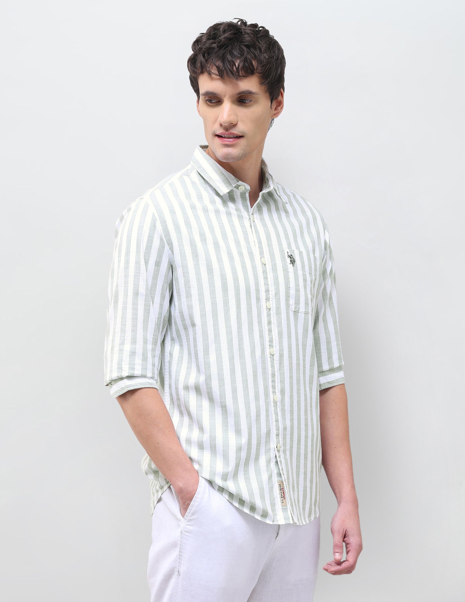 Vertical Striped Regular Fit Shirt Light Green - U.S. Polo Assn. India | Large