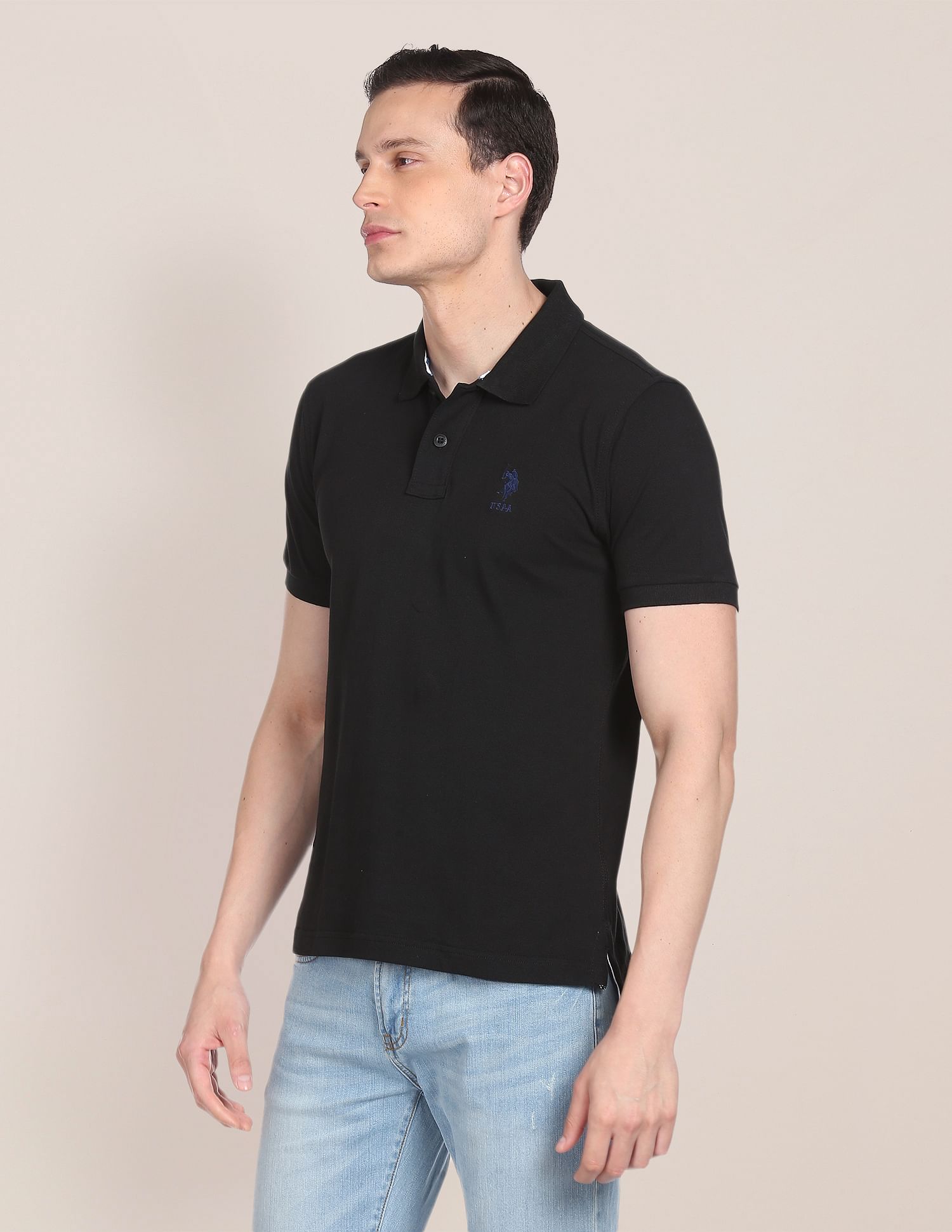 Ribbed Collar Solid Polo Shirt Black - U.S. POLO ASSN. | Large