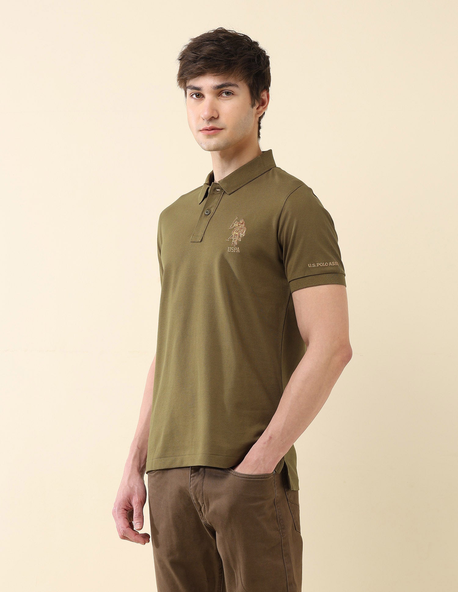 Solid Pure Cotton Gold Cup Polo Shirt Olive - U.S. Polo Assn. India | Large