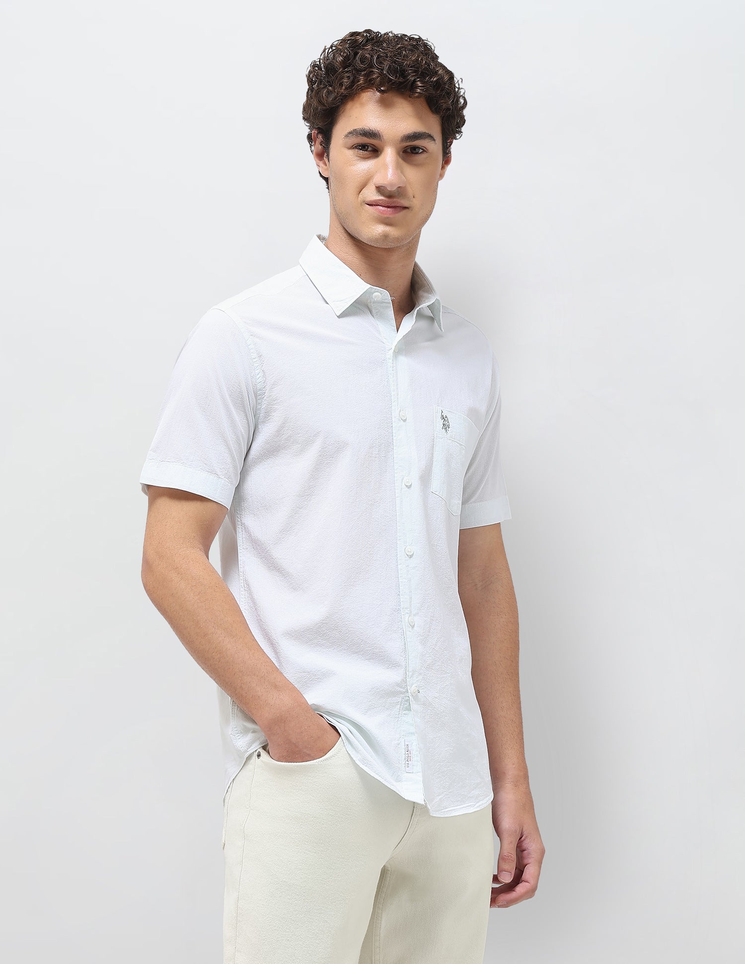 Pinstriped Seersucker Shirt Light Green - U.S. Polo Assn. India | Large