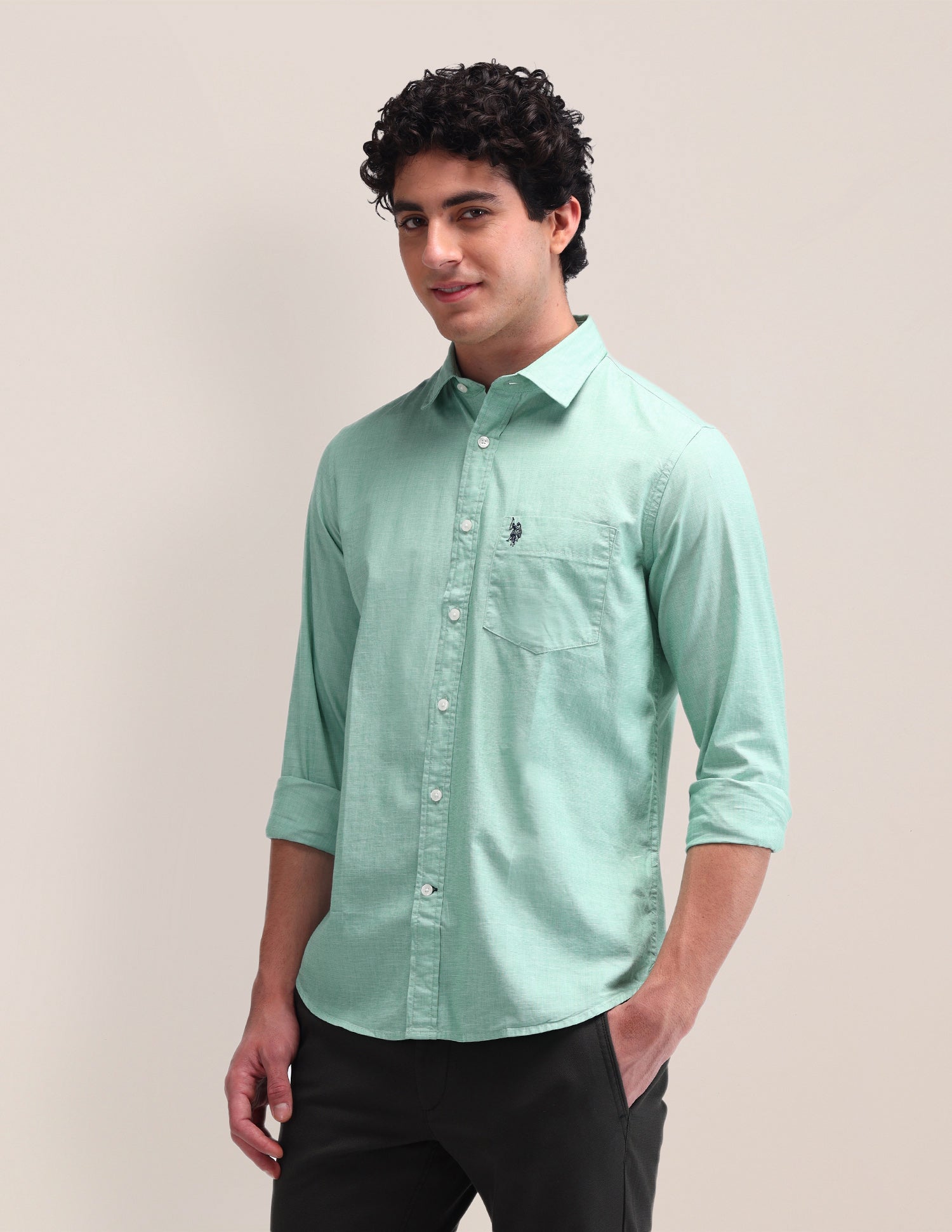 Textured Pattern Poplin Shirt Green - U.S. Polo Assn. India | Large