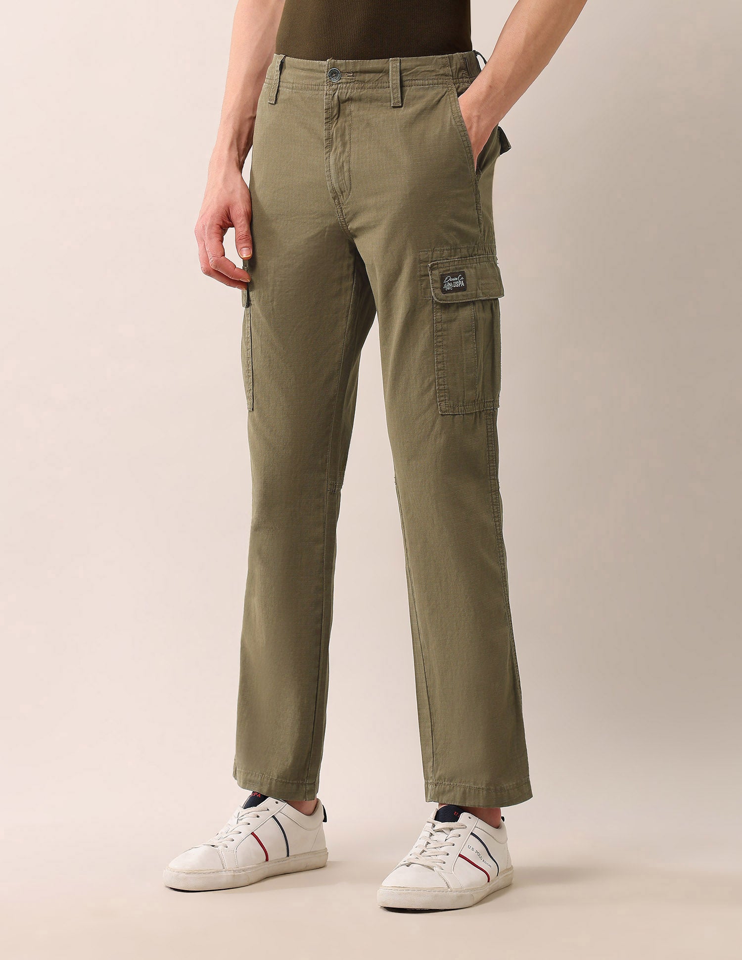 Mid Rise Straight Fit Textured Cargos Tan - U.S. Polo Assn. India | Large