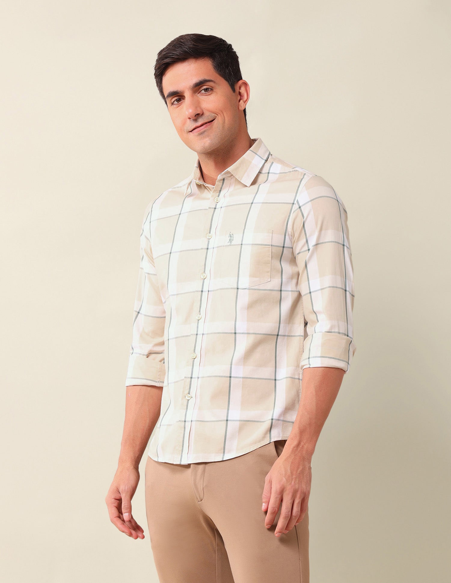 Windowpane Checked Tailored Fit Shirt Beige - U.S. Polo Assn. India | Large