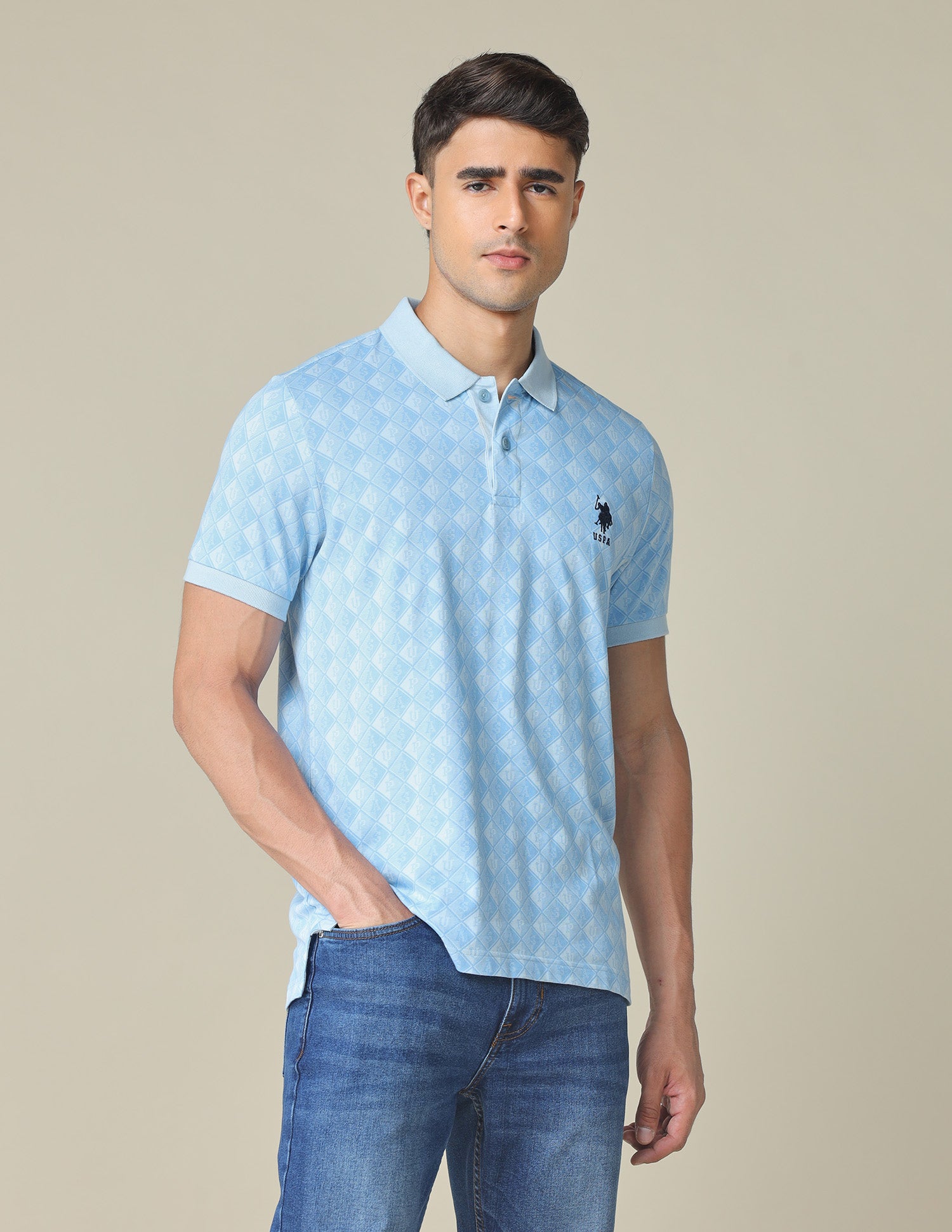 All-Over Printed Regular Fit Polo Shirt Light Blue - U.S. POLO ASSN. | Large