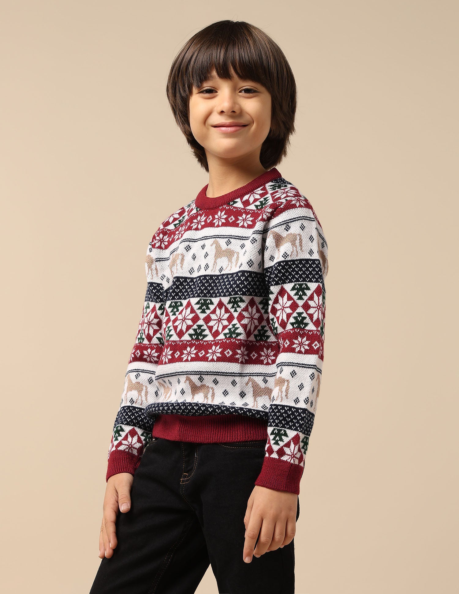Boys All Over Printed Regular Fit Sweater Dark Red - U.S. Polo Assn. India | Large