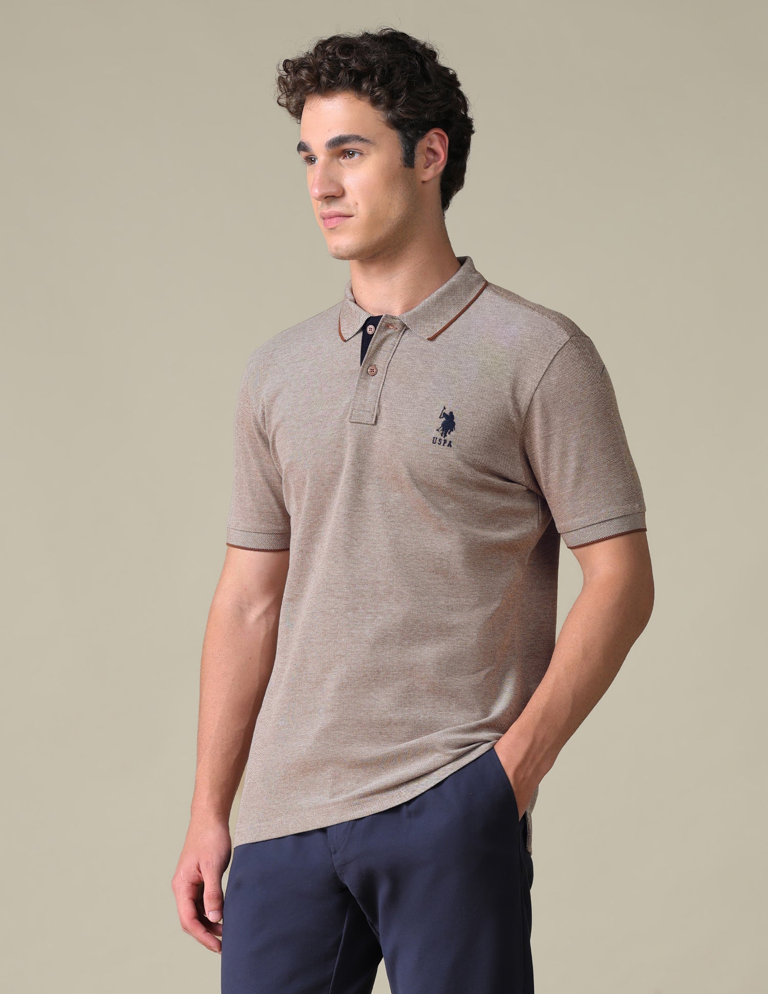 Regular Fit Heathered Polo Shirt Light Brown - U.S. Polo Assn. India | Large