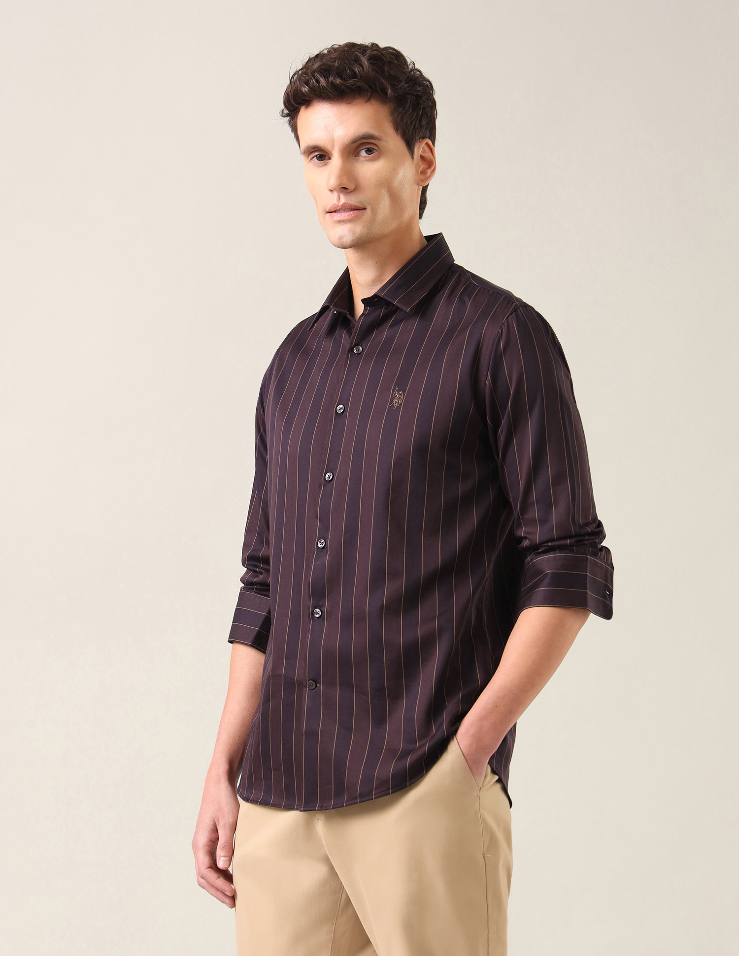 Vertical Striped Satin Shirt Maroon - U.S. Polo Assn. India | Large