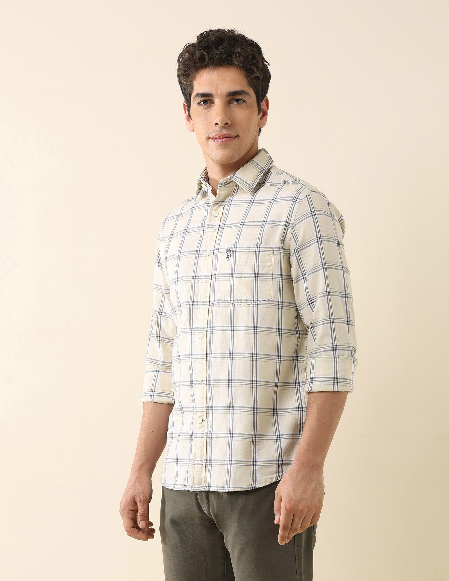 Grid Tattersall Checked Tailored Fit Shirt Ecru - U.S. POLO ASSN. | Large