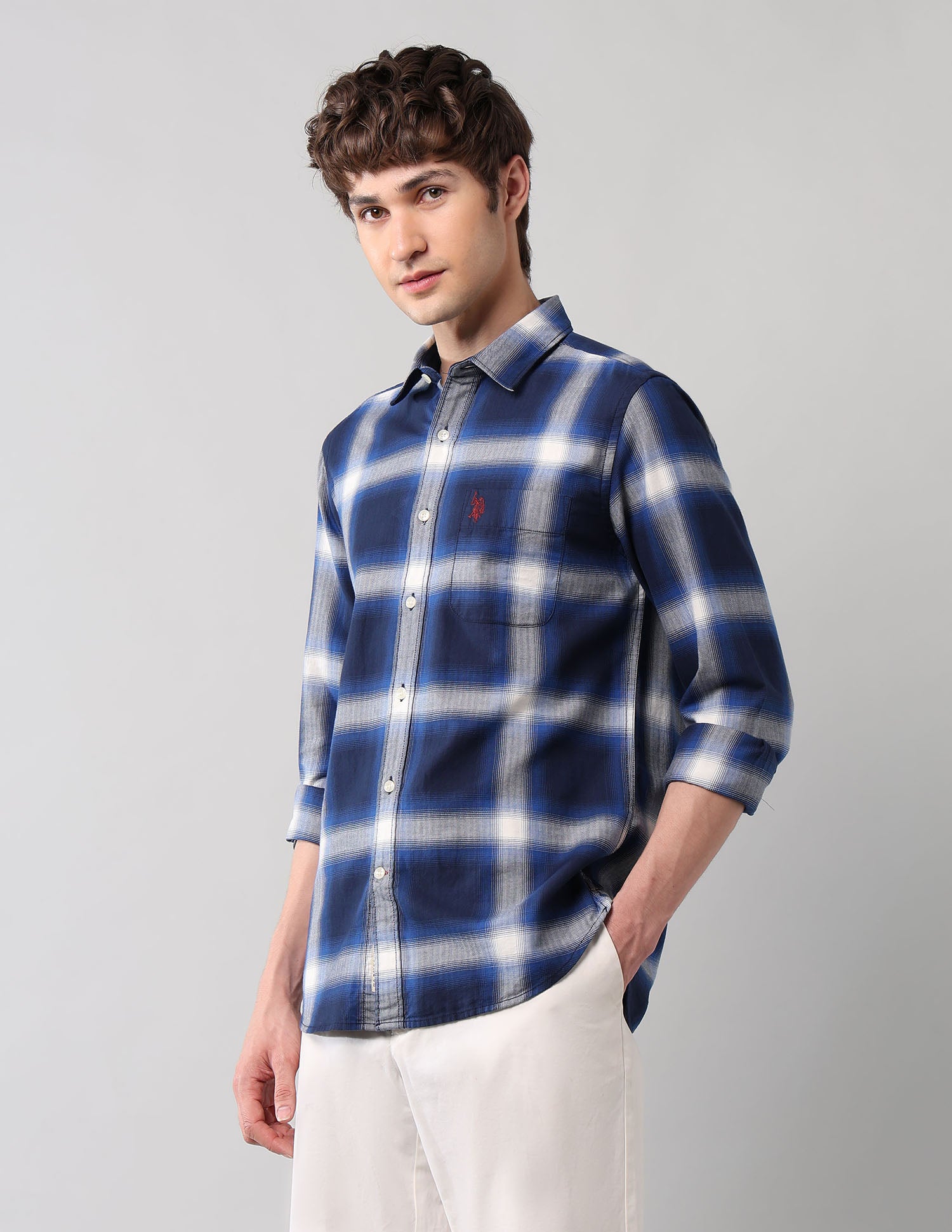 Windowpane Checked Pure Cotton Shirt Navy - U.S. Polo Assn. India | Large