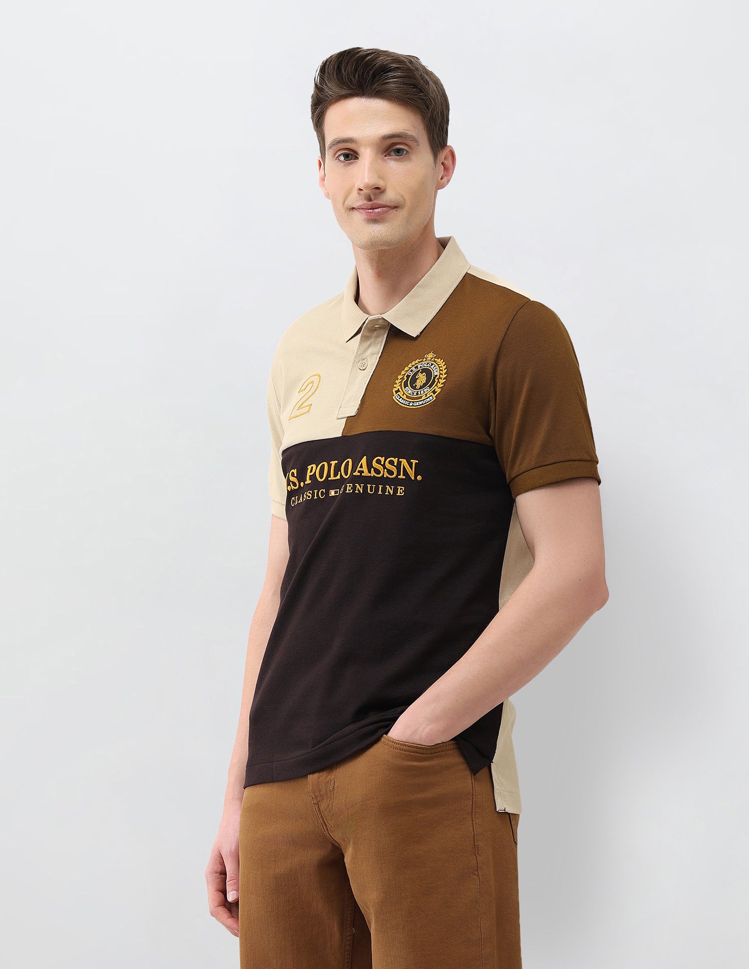 Colourblocked Brand Embroidered Slim Fit Polo Shirt Brown - U.S. Polo Assn. India | Large