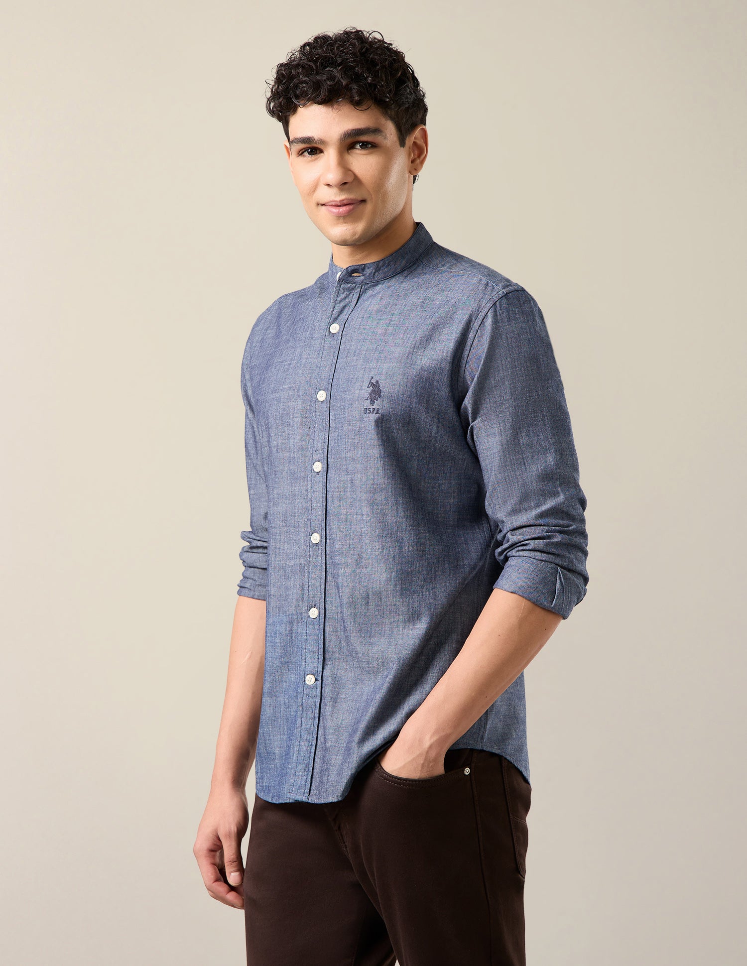 Heathered Twill Mandarin Shirt Indigo - U.S. Polo Assn. India | Large
