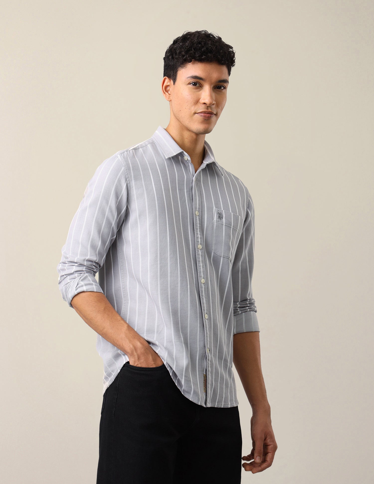 Vertical Striped Regular Fit Shirt Light Grey - U.S. Polo Assn. India | Large