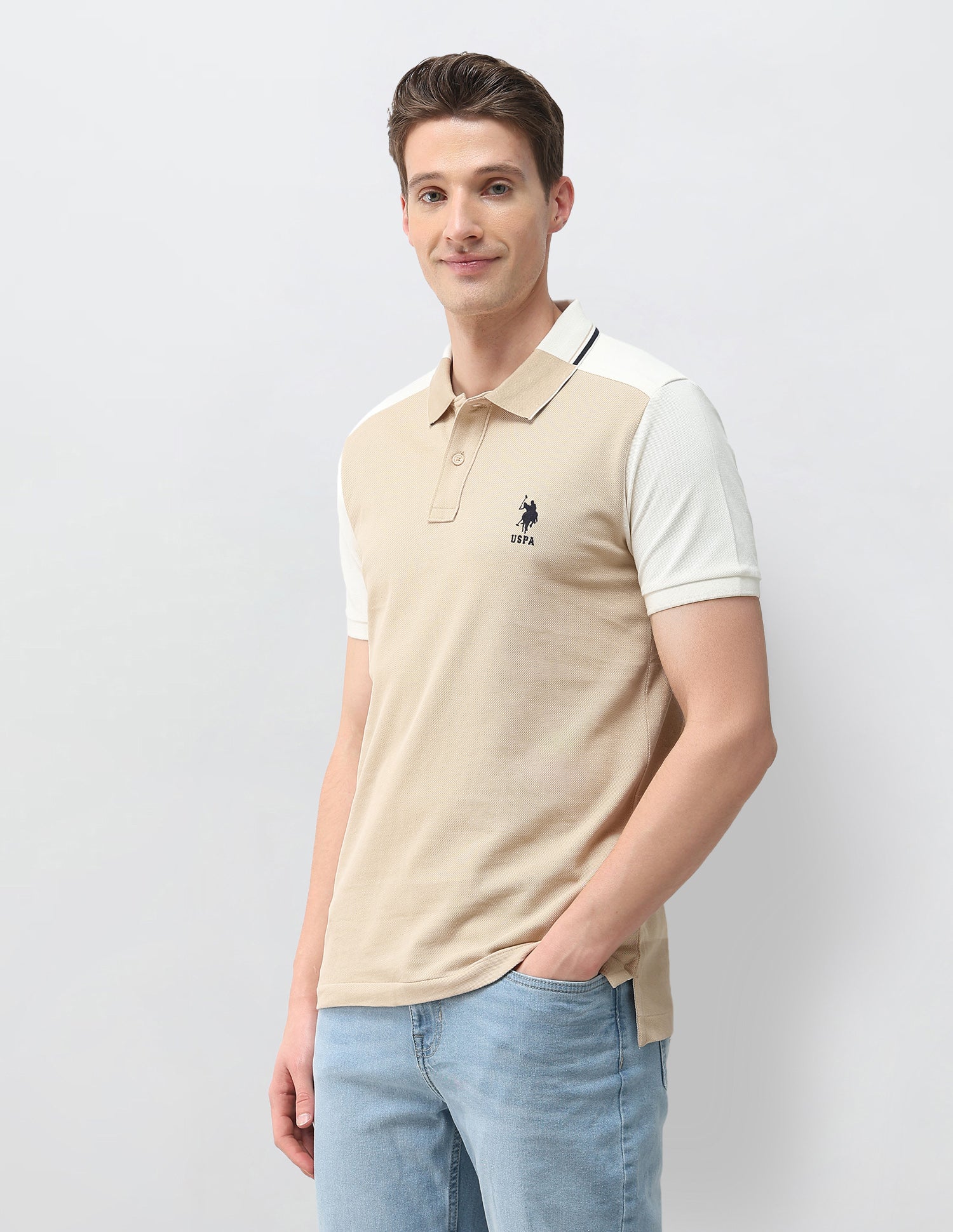 Colourblocked Slim Fit Polo Shirt Beige - U.S. Polo Assn. India | Large