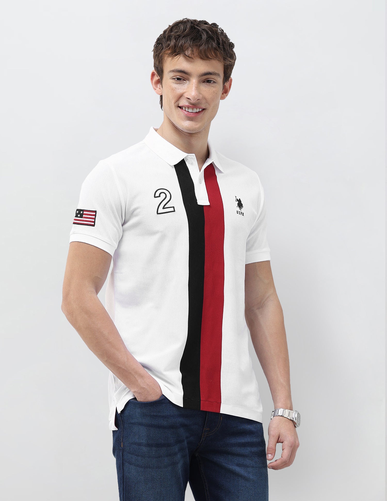 Solid Stripe Detail Embroidered Slim Fit Polo Shirt White - U.S. Polo Assn. India | Large