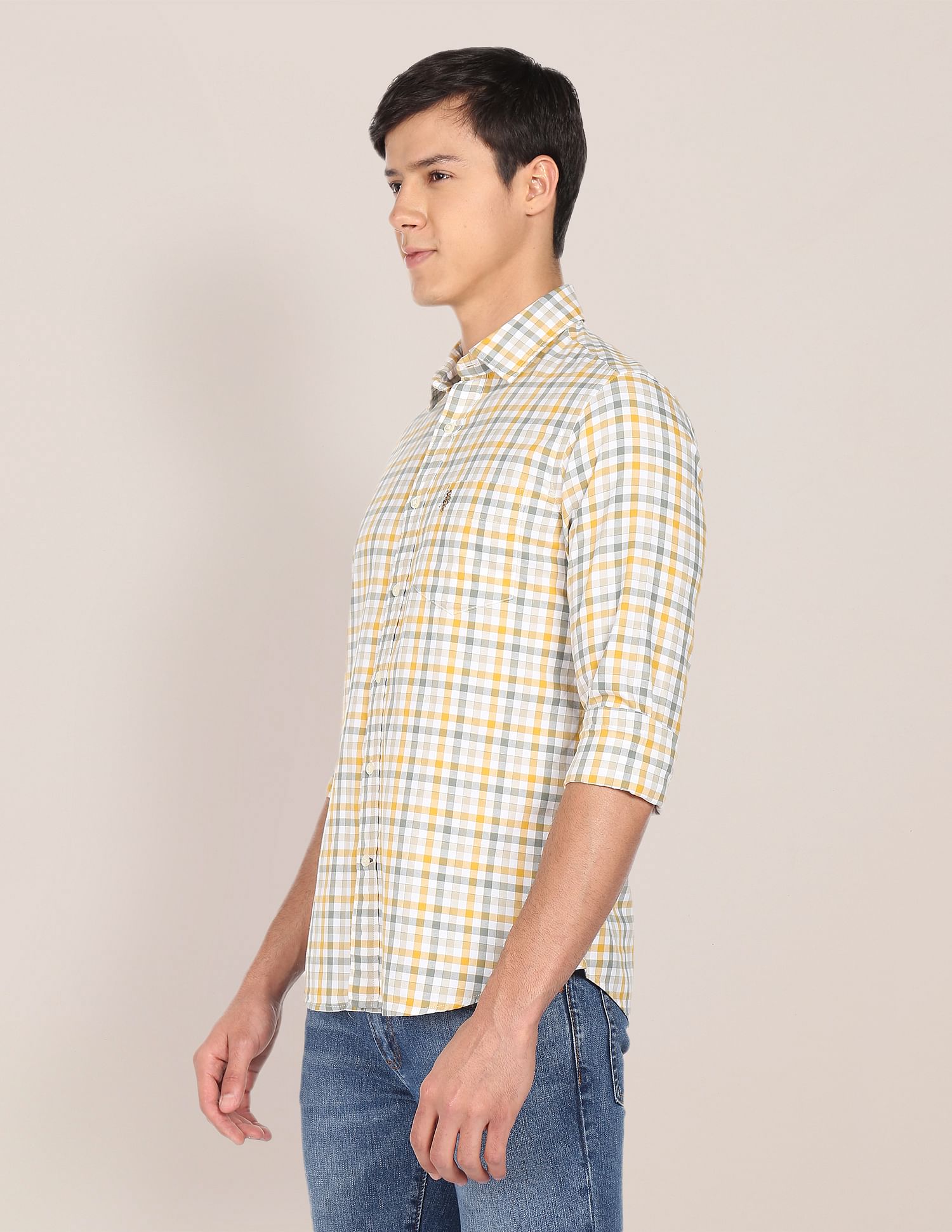 Grid Tattersall Check Cotton Casual Shirt Mustard and Green - U.S. POLO ASSN. | Large