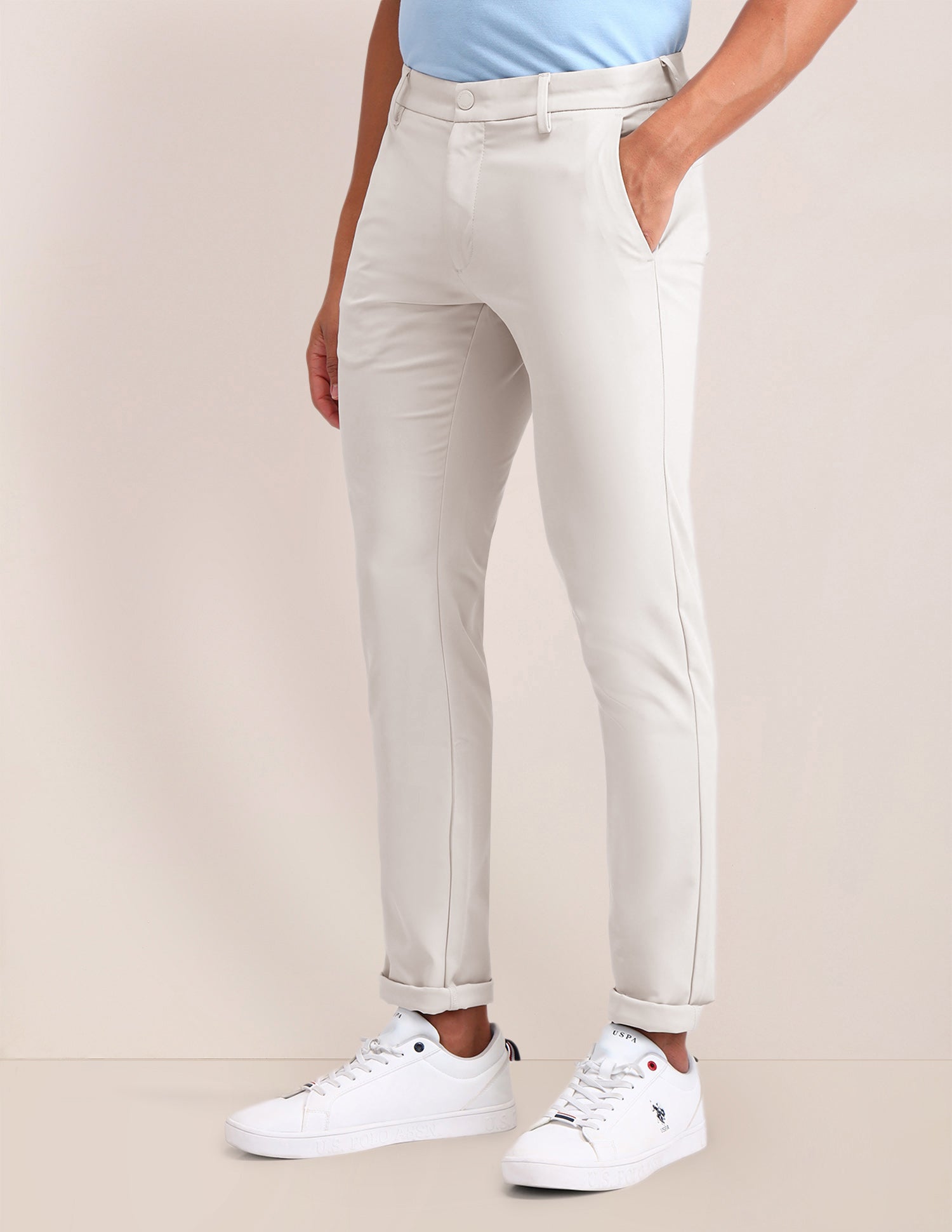 Austin Slim Fit Solid Trousers Ecru - U.S. Polo Assn. India | Large