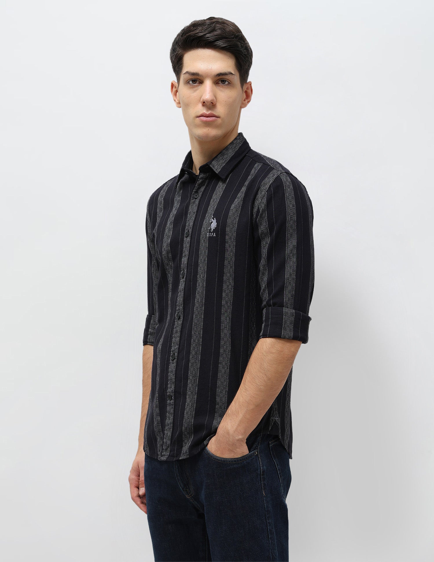 Vertical Striped Self Design Dobby Shirt Dark Navy - U.S. Polo Assn. India | Large