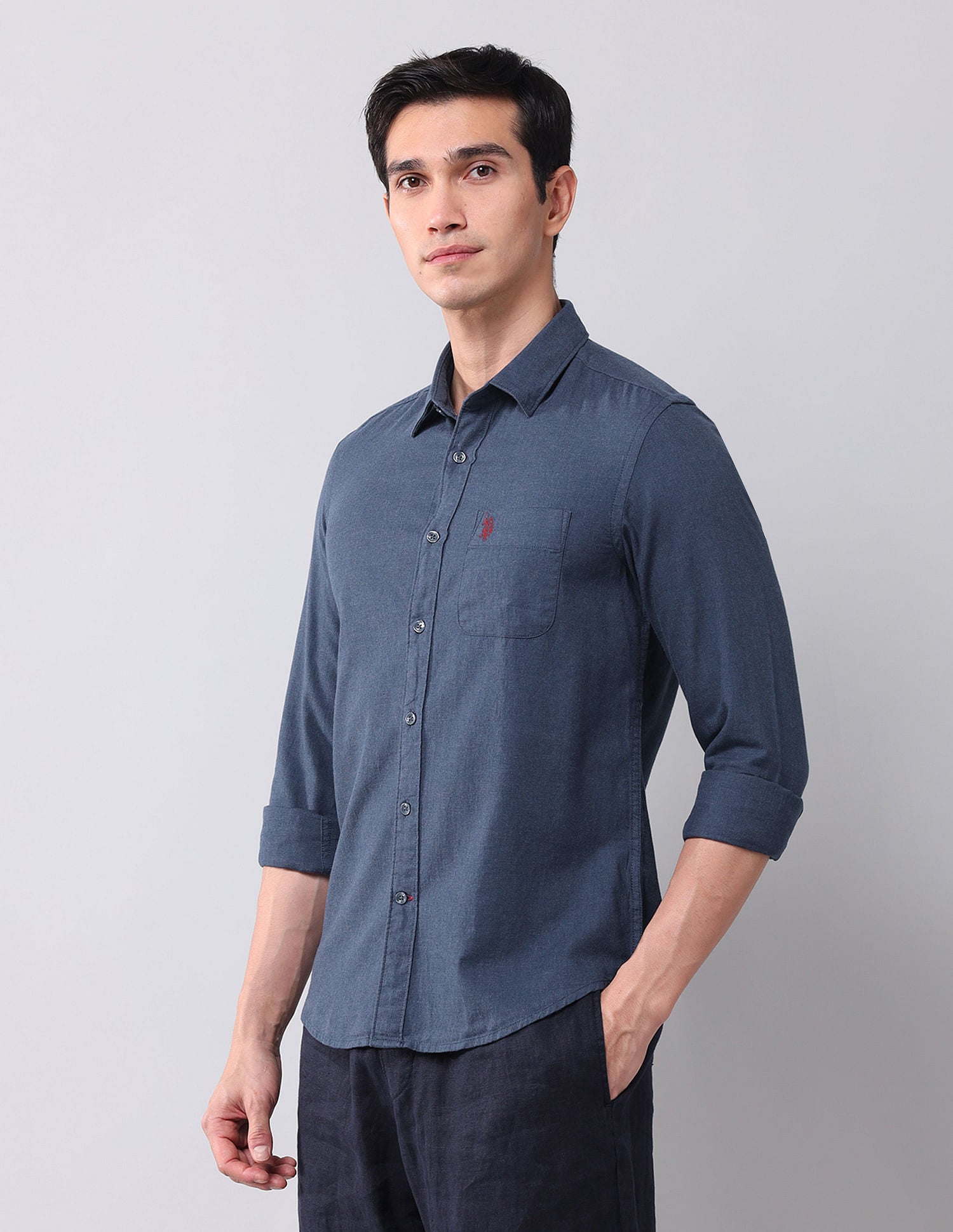 Regular Fit Chambray Solid Shirt Blue - U.S. Polo Assn. India | Large