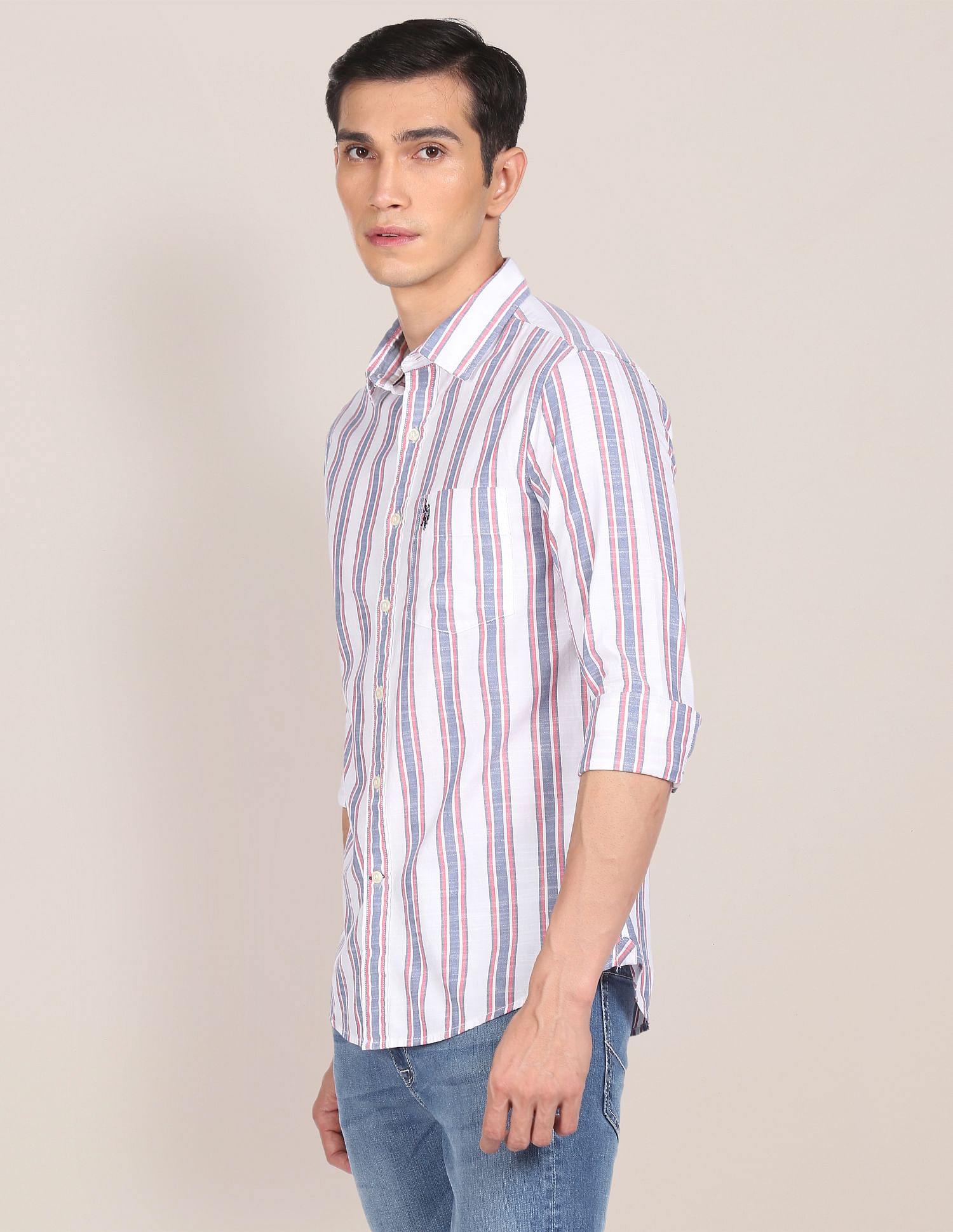 Men White Regular Fit Striped Casual Shirt White - U.S. Polo Assn. India | Large