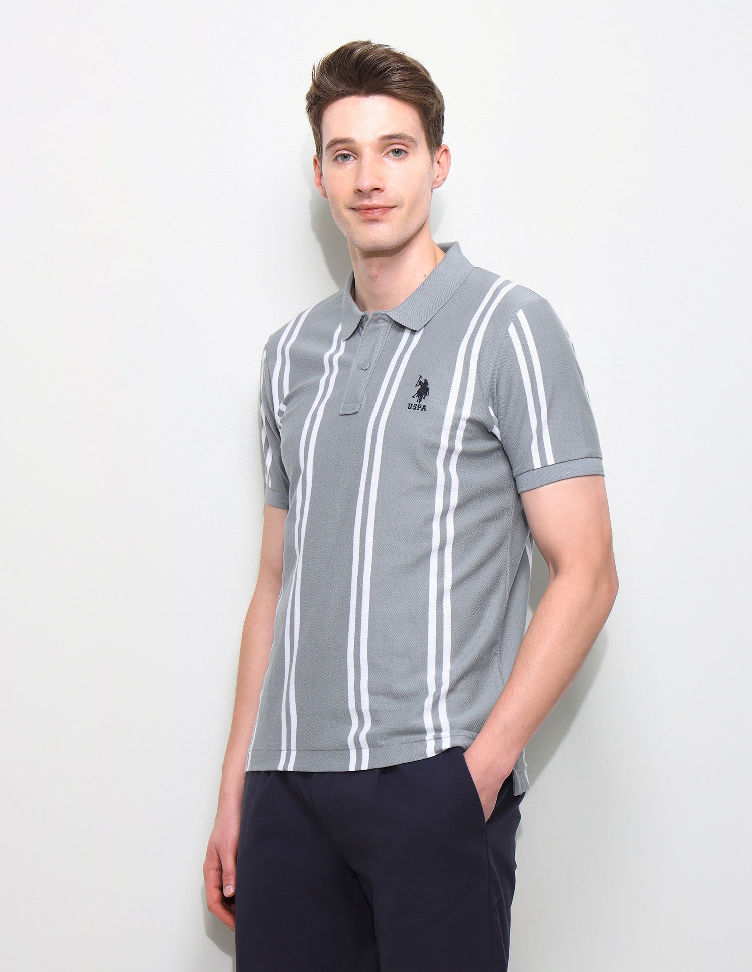 Vertical Striped Slim Fit Polo Shirt Grey - U.S. Polo Assn. India | Large